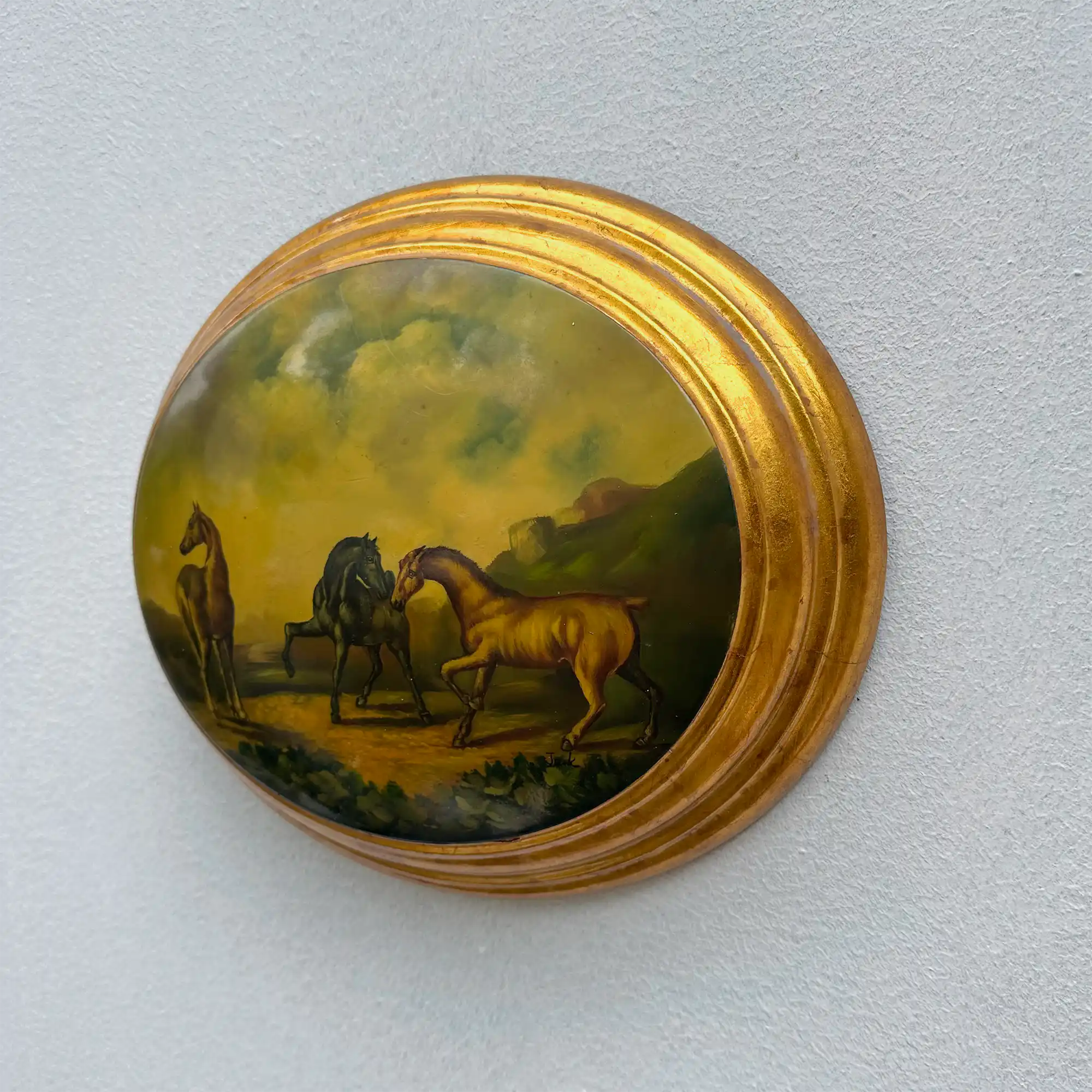Vintage 1940s European Equestrian Oil Painting – Three Galloping Horses on Raised Wood Panel with Integrated Oval Frame - Vintage Oil Painting - Arden Gallery