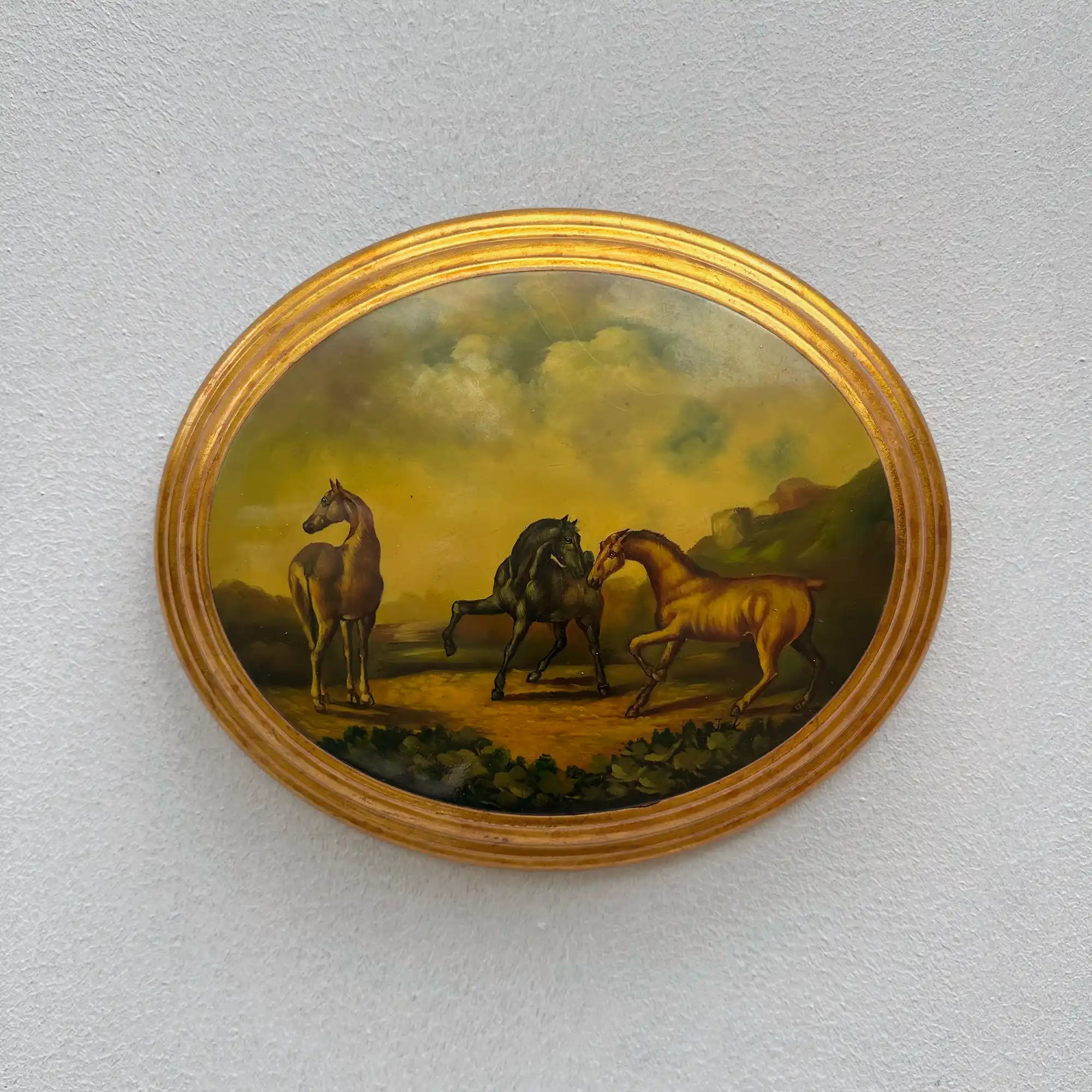 Vintage 1940s European Equestrian Oil Painting – Three Galloping Horses on Raised Wood Panel with Integrated Oval Frame - Vintage Oil Painting - Arden Gallery
