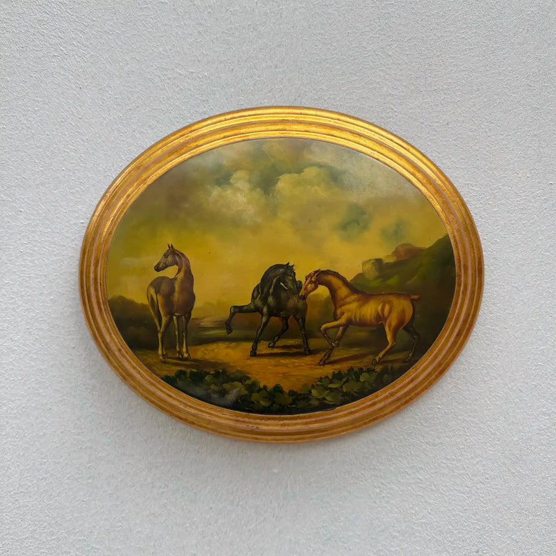 Vintage 1940s European Equestrian Oil Painting – Three Galloping Horses on Raised Wood Panel with Integrated Oval Frame - Vintage Oil Painting - Arden Gallery