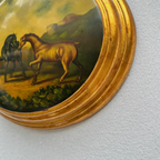 Vintage 1940s European Equestrian Oil Painting – Three Galloping Horses on Raised Wood Panel with Integrated Oval Frame - Vintage Oil Painting - Arden Gallery