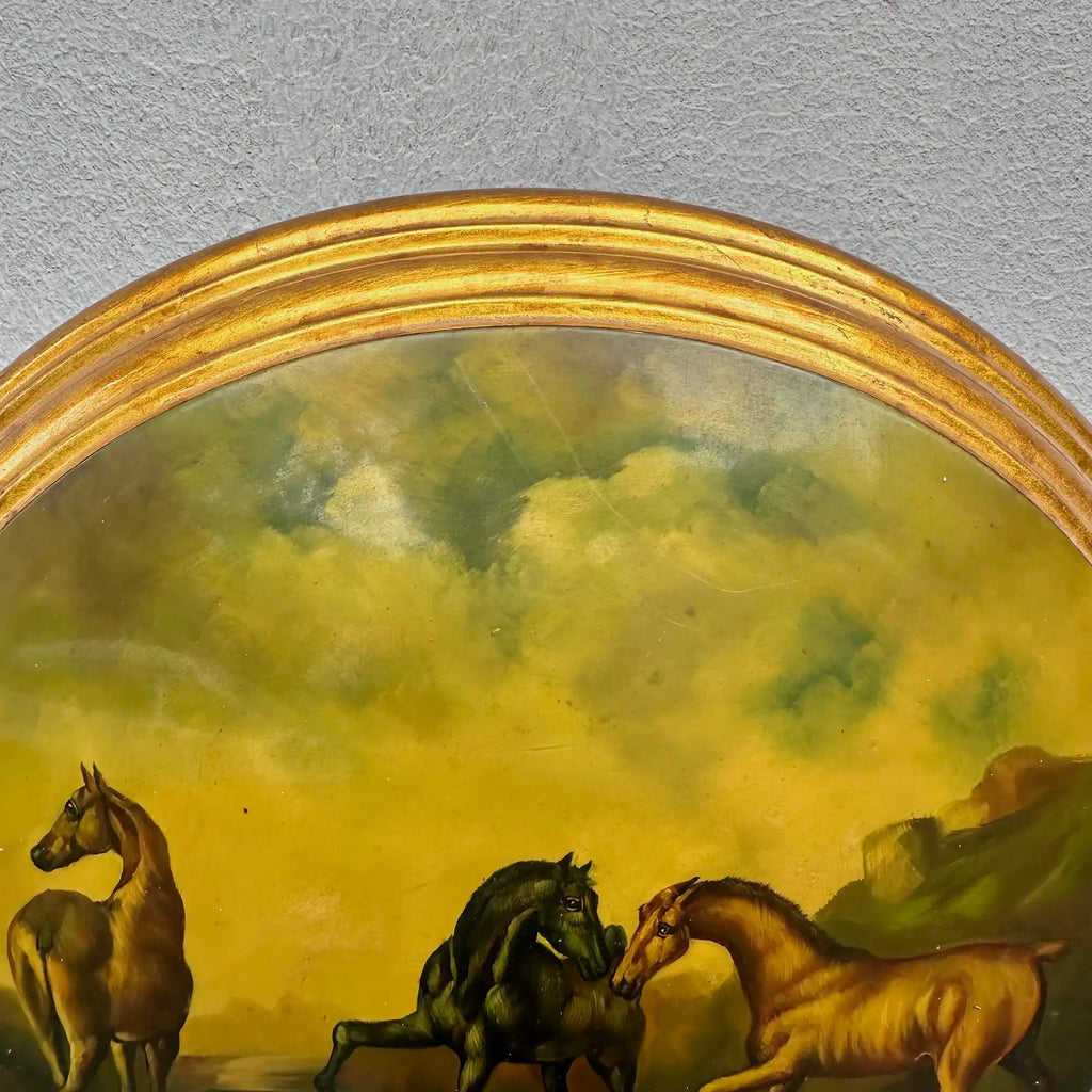Vintage 1940s European Equestrian Oil Painting – Three Galloping Horses on Raised Wood Panel with Integrated Oval Frame - Vintage Oil Painting - Arden Gallery