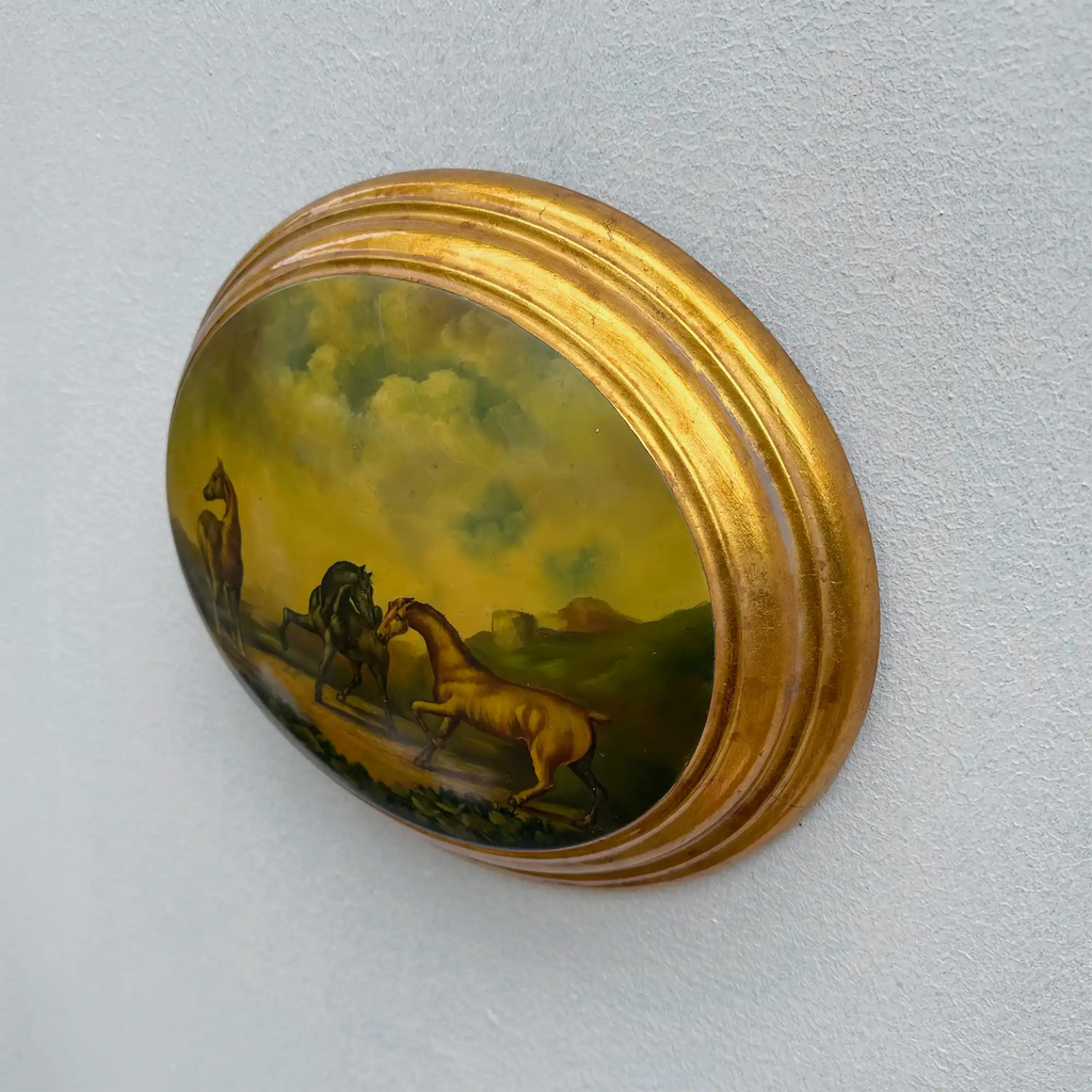 Vintage 1940s European Equestrian Oil Painting – Three Galloping Horses on Raised Wood Panel with Integrated Oval Frame - Vintage Oil Painting - Arden Gallery