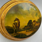 Vintage 1940s European Equestrian Oil Painting – Three Galloping Horses on Raised Wood Panel with Integrated Oval Frame - Vintage Oil Painting - Arden Gallery