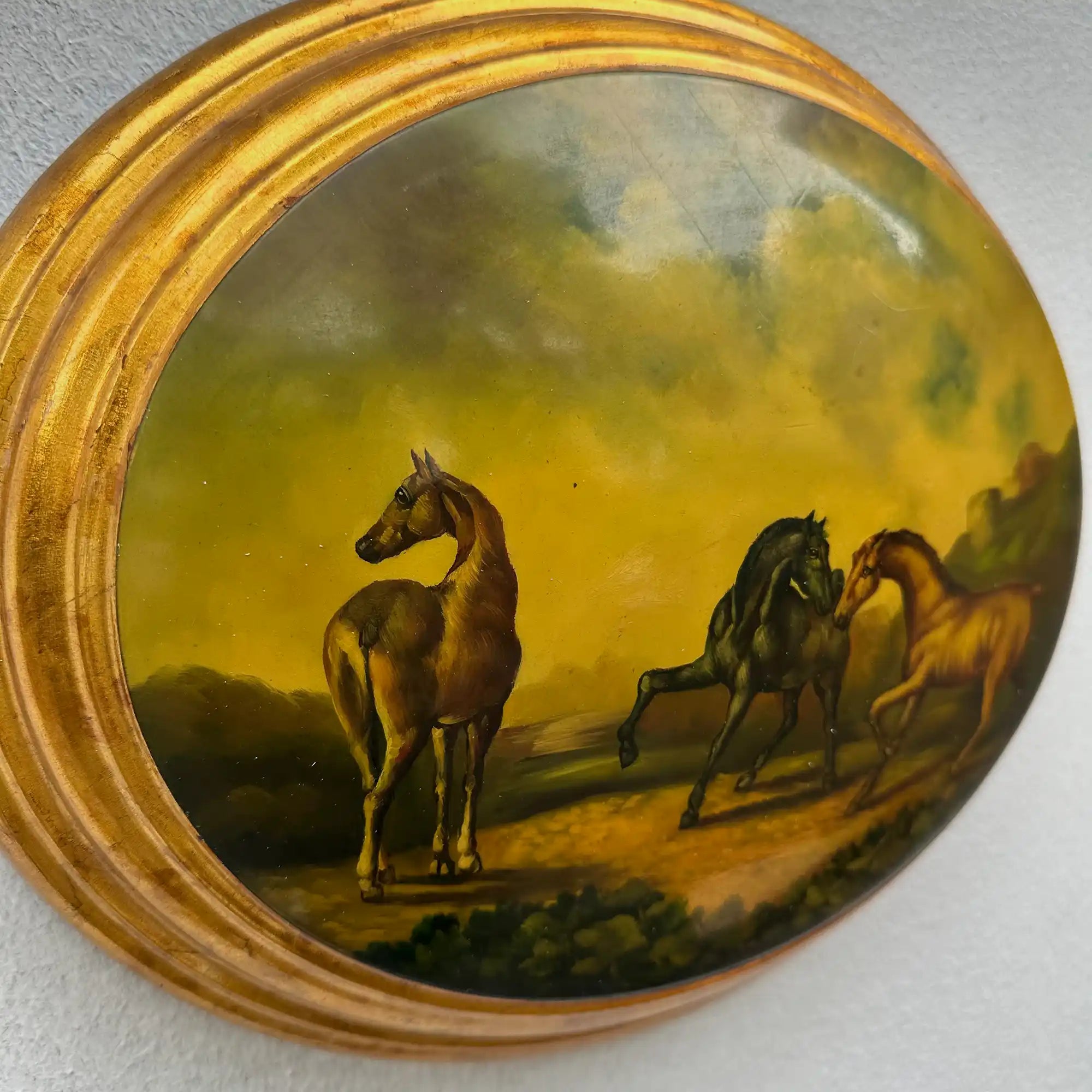 Vintage 1940s European Equestrian Oil Painting – Three Galloping Horses on Raised Wood Panel with Integrated Oval Frame - Vintage Oil Painting - Arden Gallery