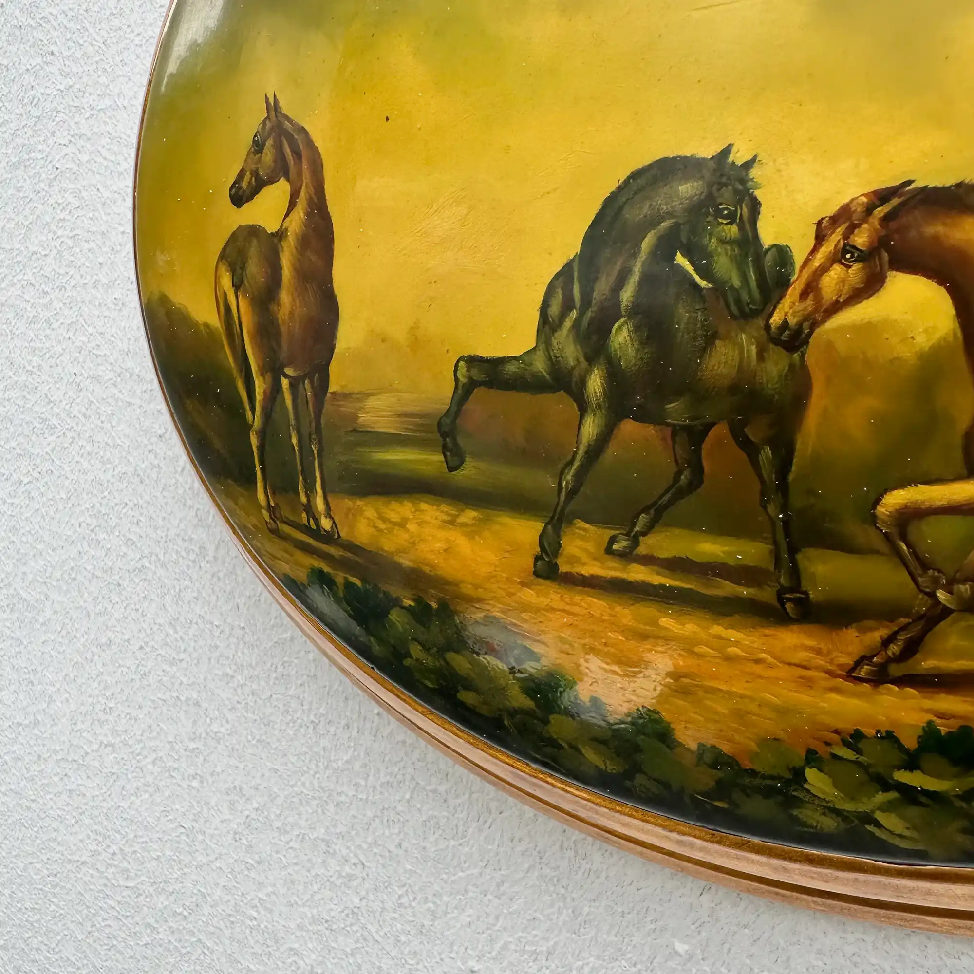 Vintage 1940s European Equestrian Oil Painting – Three Galloping Horses on Raised Wood Panel with Integrated Oval Frame - Vintage Oil Painting - Arden Gallery