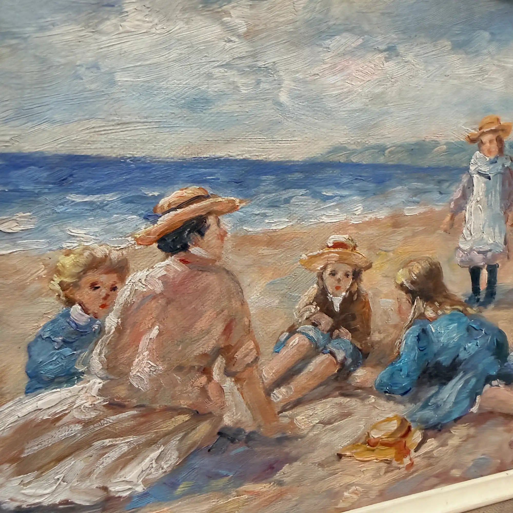 Vintage Beach Scene Painting, Woman and Children Seaside, Framed Coastal Wall Art Decor - Vintage Oil Painting - Arden Gallery
