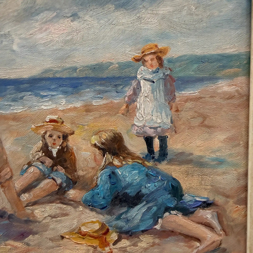Vintage Beach Scene Painting, Woman and Children Seaside, Framed Coastal Wall Art Decor - Vintage Oil Painting - Arden Gallery