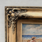 Vintage Beach Scene Painting, Woman and Children Seaside, Framed Coastal Wall Art Decor - Vintage Oil Painting - Arden Gallery