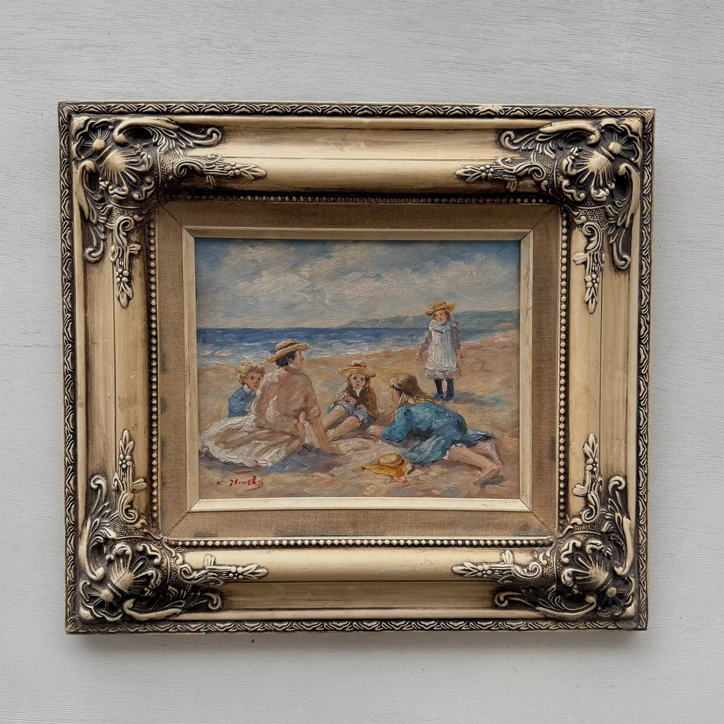 Vintage Beach Scene Painting, Woman and Children Seaside, Framed Coastal Wall Art Decor - Vintage Oil Painting - Arden Gallery