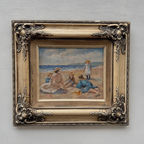 Vintage Beach Scene Painting, Woman and Children Seaside, Framed Coastal Wall Art Decor - Vintage Oil Painting - Arden Gallery