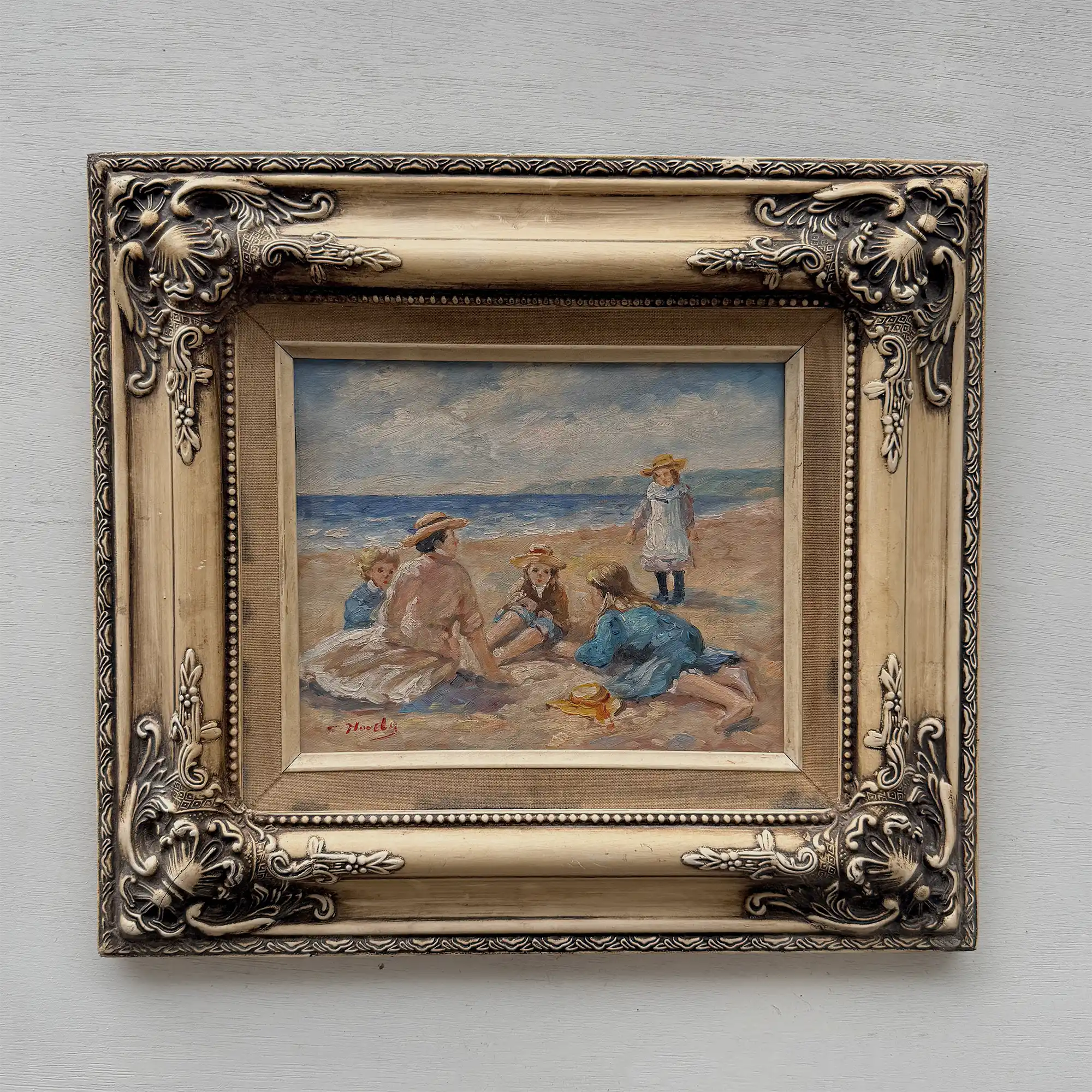 Vintage Beach Scene Painting, Woman and Children Seaside, Framed Coastal Wall Art Decor - Vintage Oil Painting - Arden Gallery