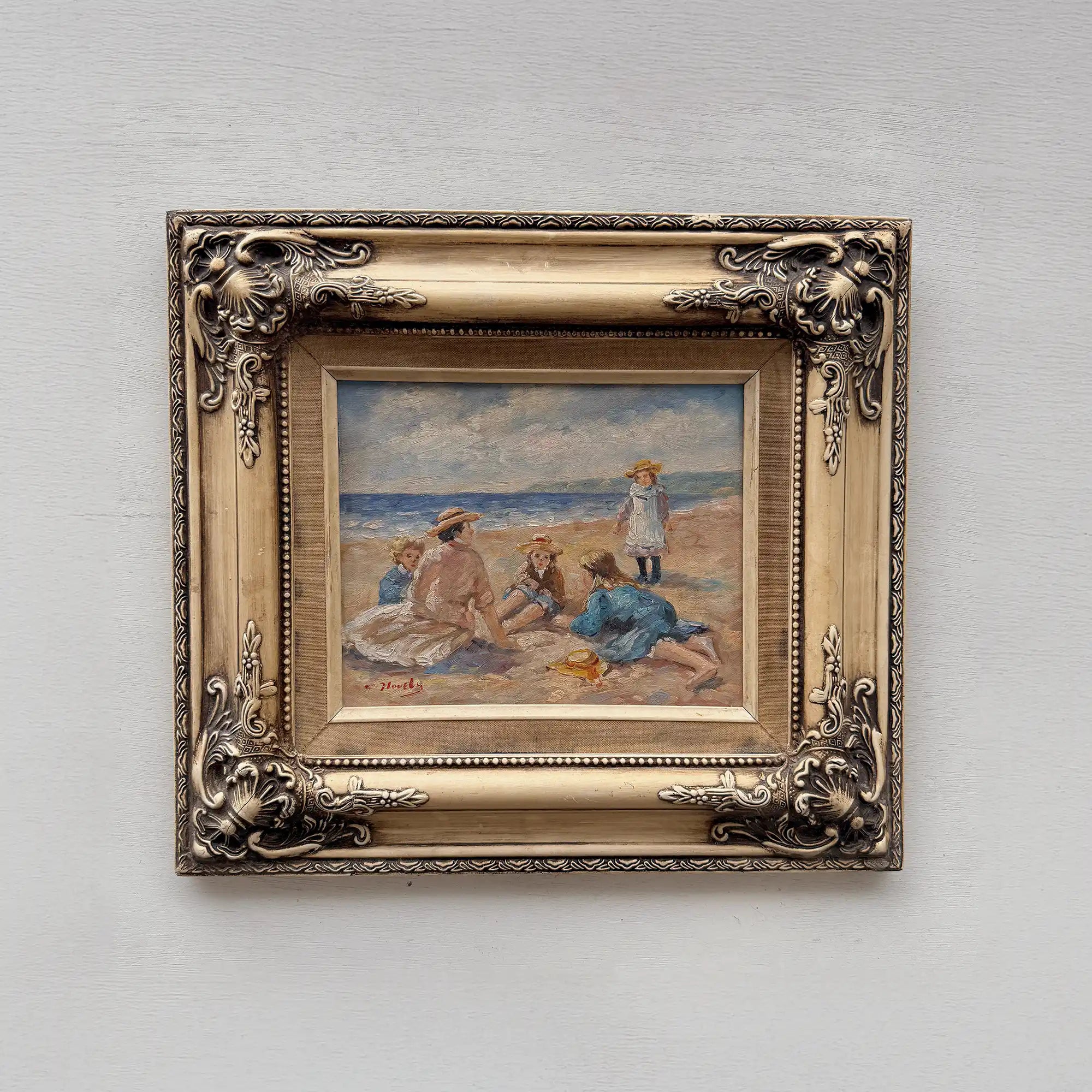 Vintage Beach Scene Painting, Woman and Children Seaside, Framed Coastal Wall Art Decor - Vintage Oil Painting - Arden Gallery