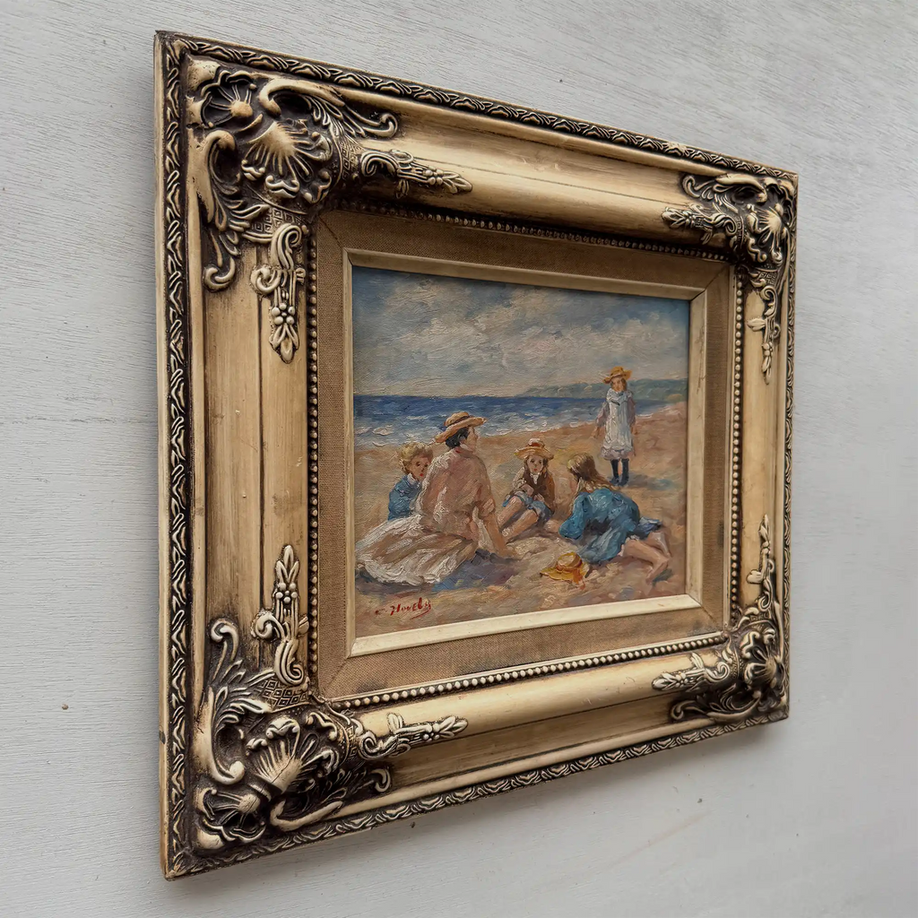 Vintage Beach Scene Painting, Woman and Children Seaside, Framed Coastal Wall Art Decor - Vintage Oil Painting - Arden Gallery