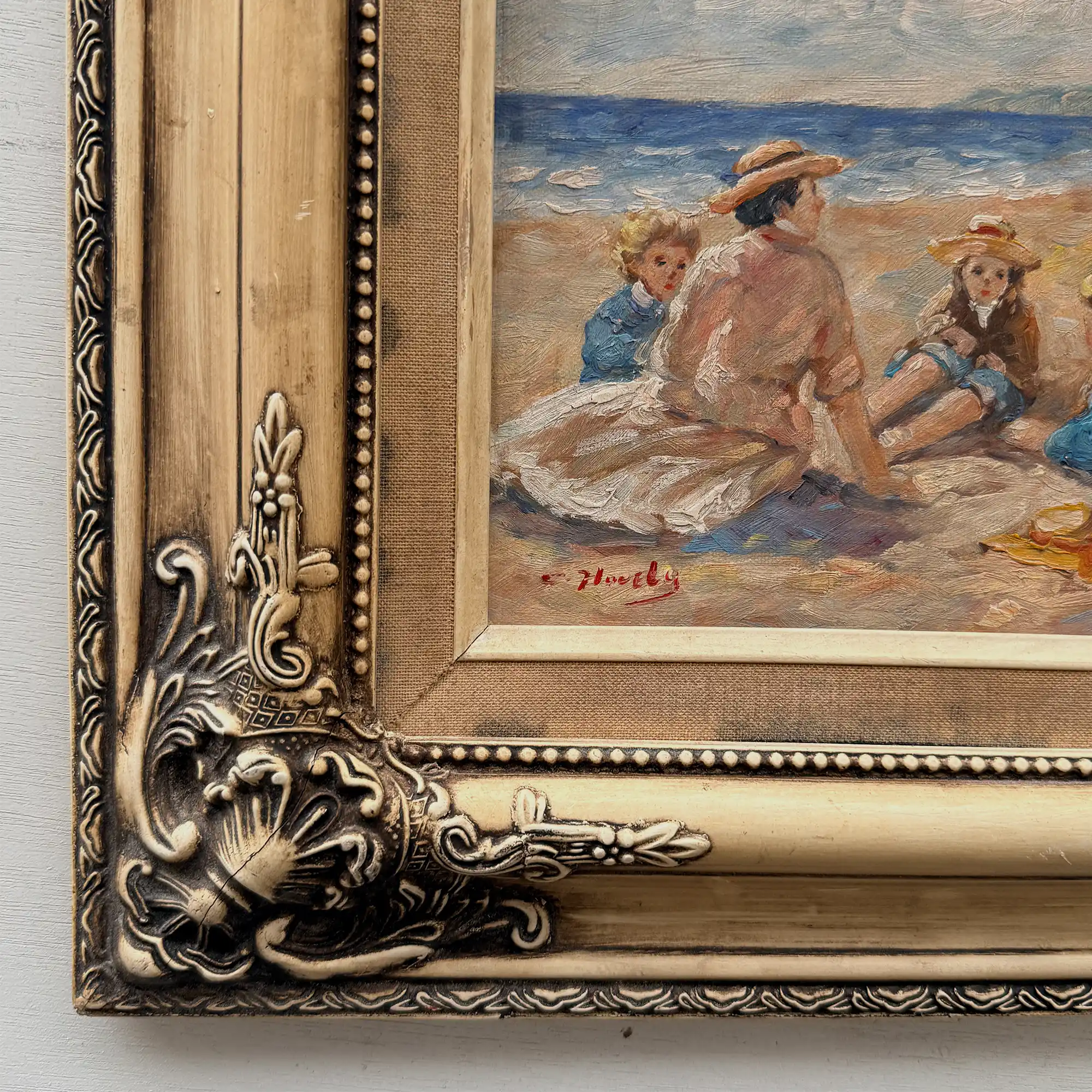 Vintage Beach Scene Painting, Woman and Children Seaside, Framed Coastal Wall Art Decor - Vintage Oil Painting - Arden Gallery