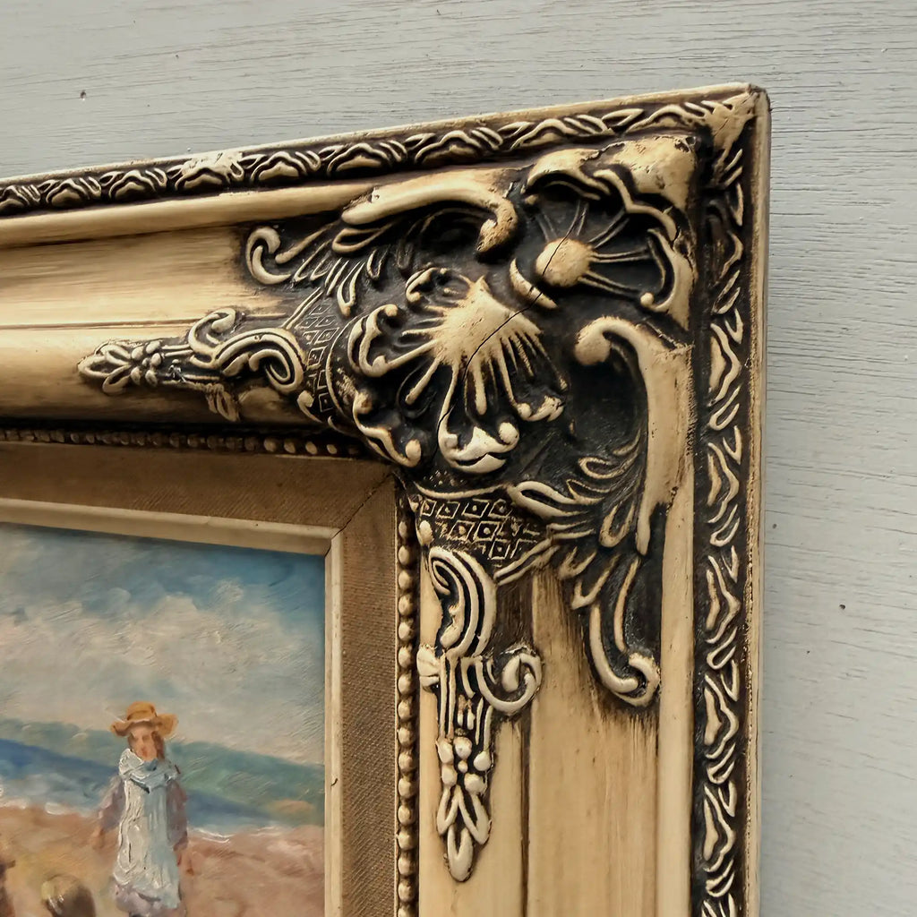 Vintage Beach Scene Painting, Woman and Children Seaside, Framed Coastal Wall Art Decor - Vintage Oil Painting - Arden Gallery