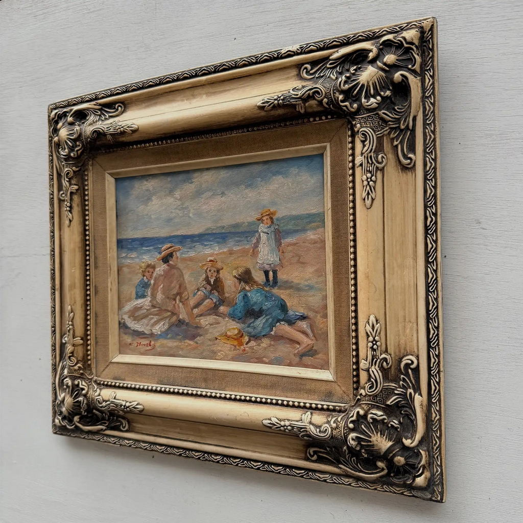 Vintage Beach Scene Painting, Woman and Children Seaside, Framed Coastal Wall Art Decor - Vintage Oil Painting - Arden Gallery