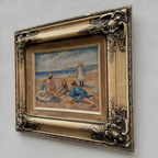 Vintage Beach Scene Painting, Woman and Children Seaside, Framed Coastal Wall Art Decor - Vintage Oil Painting - Arden Gallery