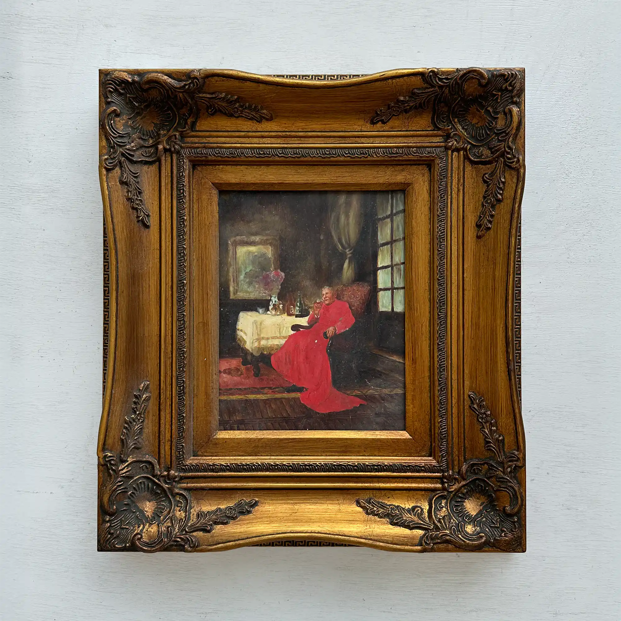Vintage Catholic Cardinal Oil Painting, Framed European Religious Figure Art (16.1×18.1 in) - Vintage Oil Painting - Arden Gallery