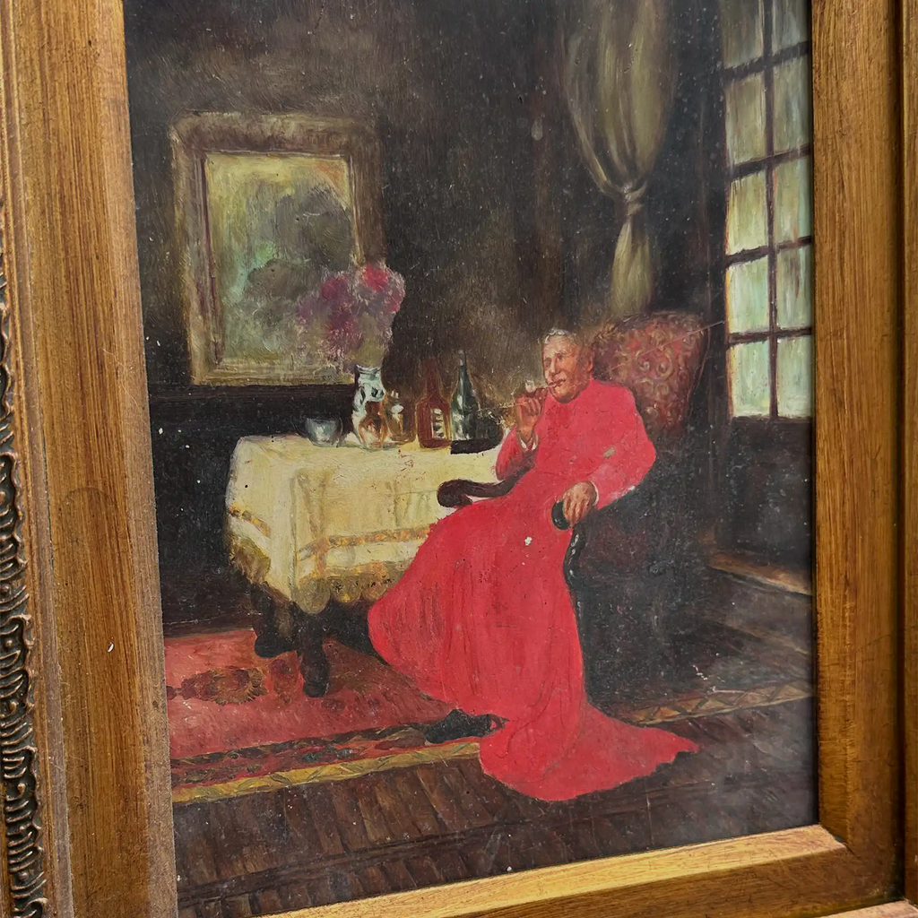 Vintage Catholic Cardinal Oil Painting, Framed European Religious Figure Art (16.1×18.1 in) - Vintage Oil Painting - Arden Gallery