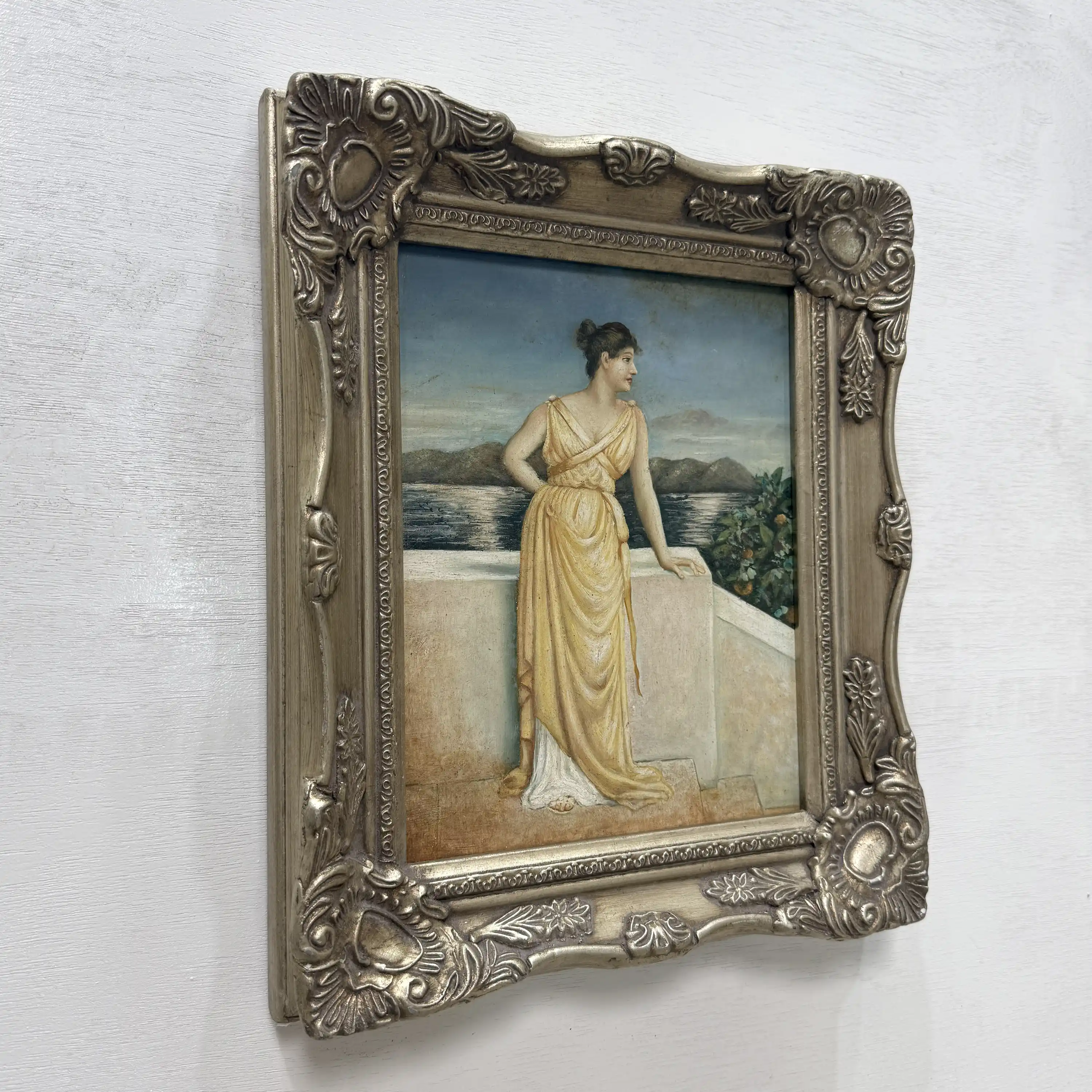 Vintage Classical Woman Portrait Oil Painting, Yellow Dress Seaside Figure Art, Ornate Gold Framed Collectible Artwork - Vintage Oil Painting - Arden Gallery