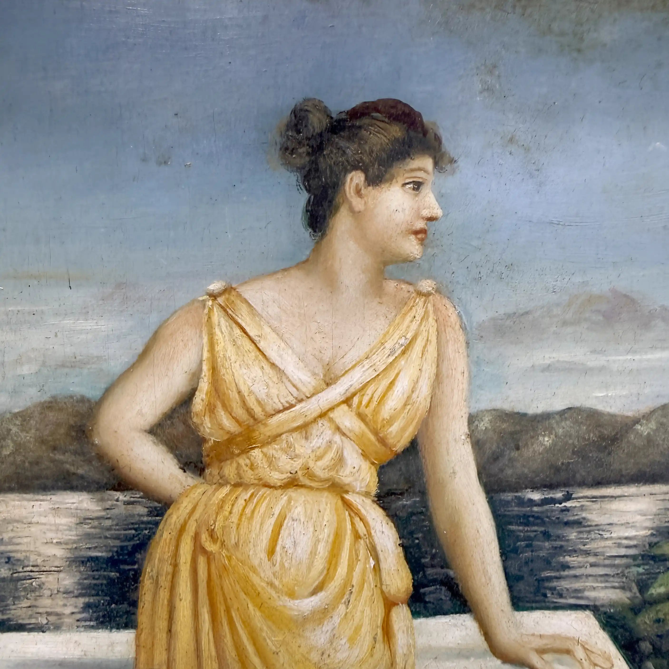Vintage Classical Woman Portrait Oil Painting, Yellow Dress Seaside Figure Art, Ornate Gold Framed Collectible Artwork - Vintage Oil Painting - Arden Gallery