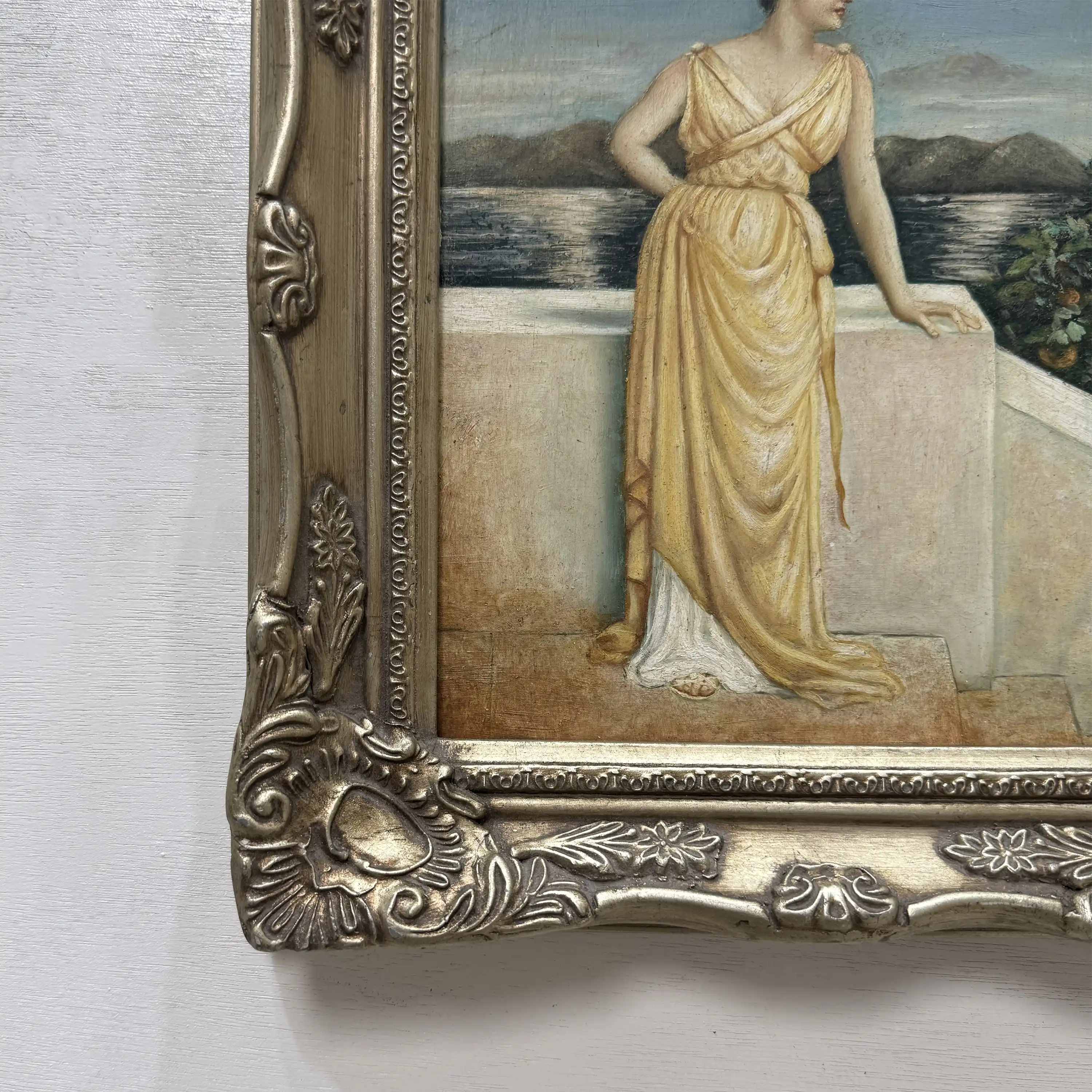 Vintage Classical Woman Portrait Oil Painting, Yellow Dress Seaside Figure Art, Ornate Gold Framed Collectible Artwork - Vintage Oil Painting - Arden Gallery