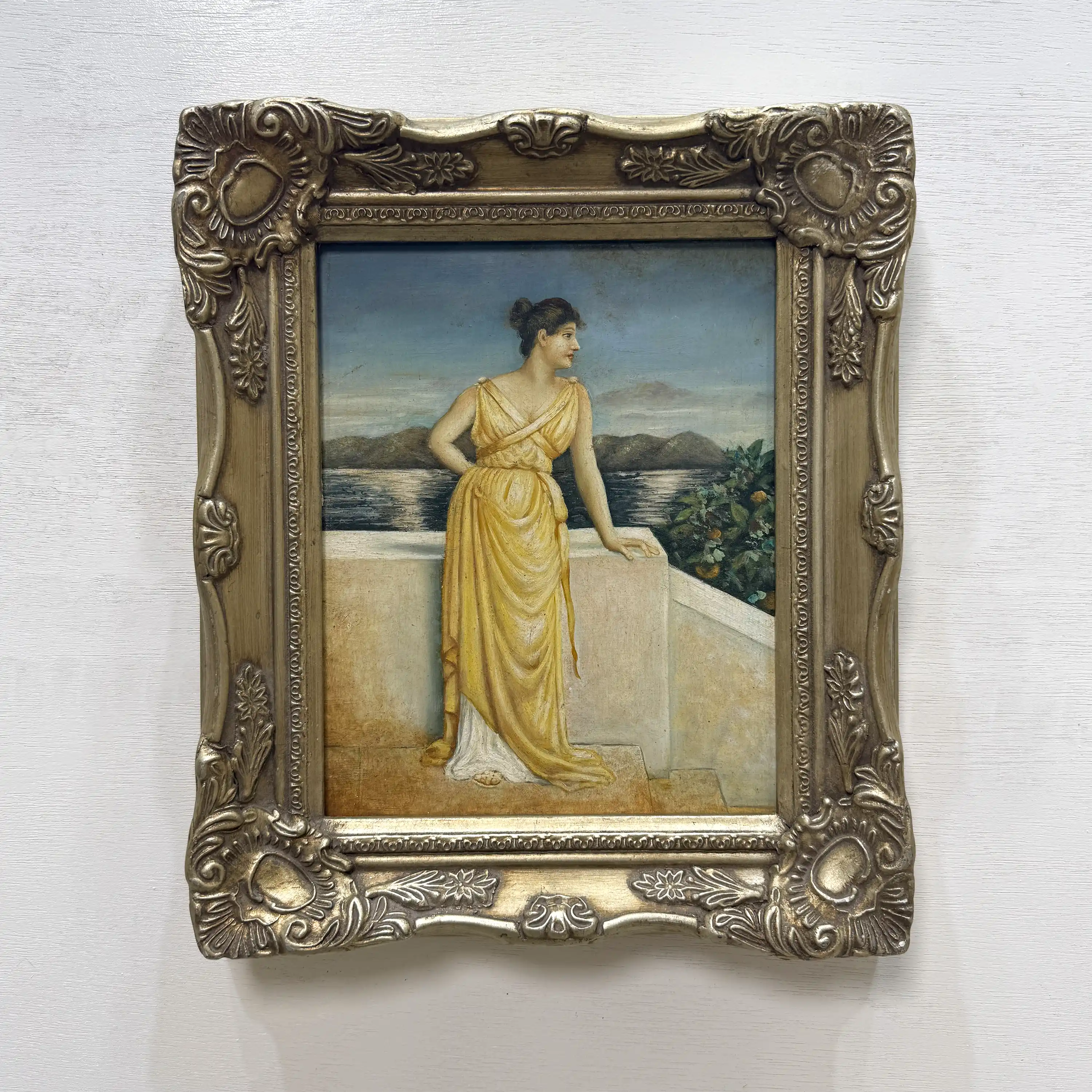 Vintage Classical Woman Portrait Oil Painting, Yellow Dress Seaside Figure Art, Ornate Gold Framed Collectible Artwork - Vintage Oil Painting - Arden Gallery