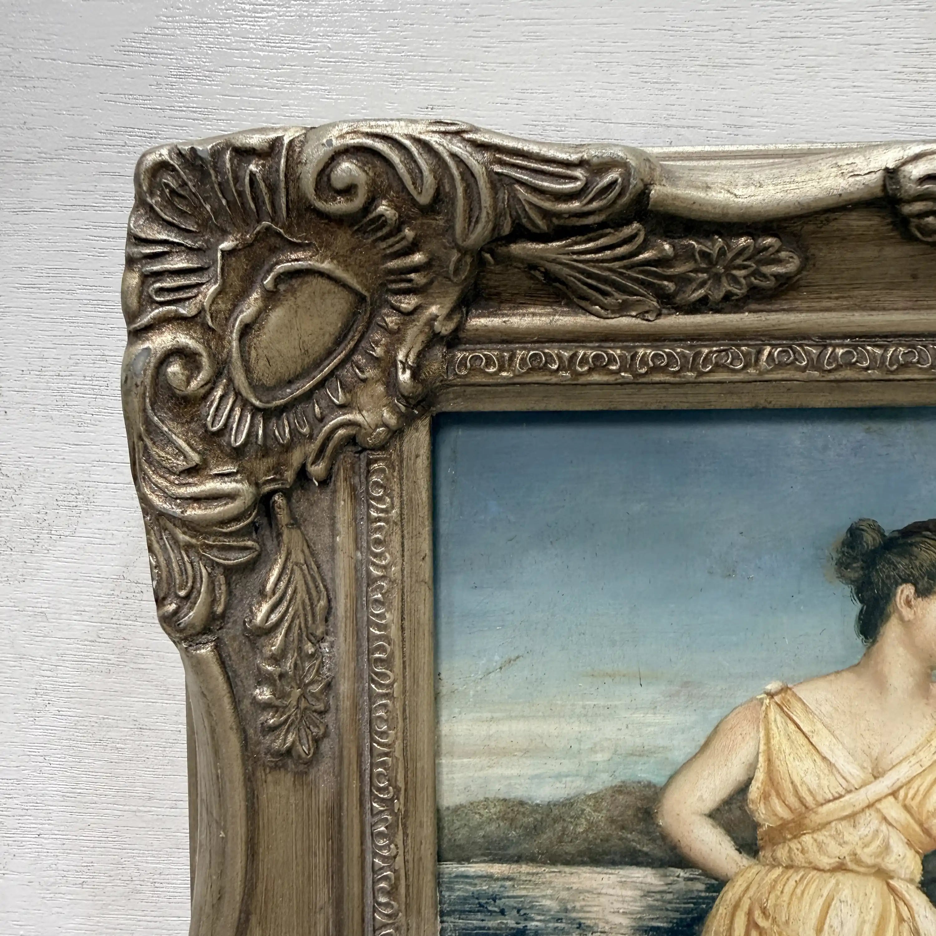 Vintage Classical Woman Portrait Oil Painting, Yellow Dress Seaside Figure Art, Ornate Gold Framed Collectible Artwork - Vintage Oil Painting - Arden Gallery