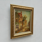 Vintage Dutch Old Town Oil Painting, European Architectural Street Scene in Ornate Gilded Frame - Vintage Oil Painting - Arden Gallery