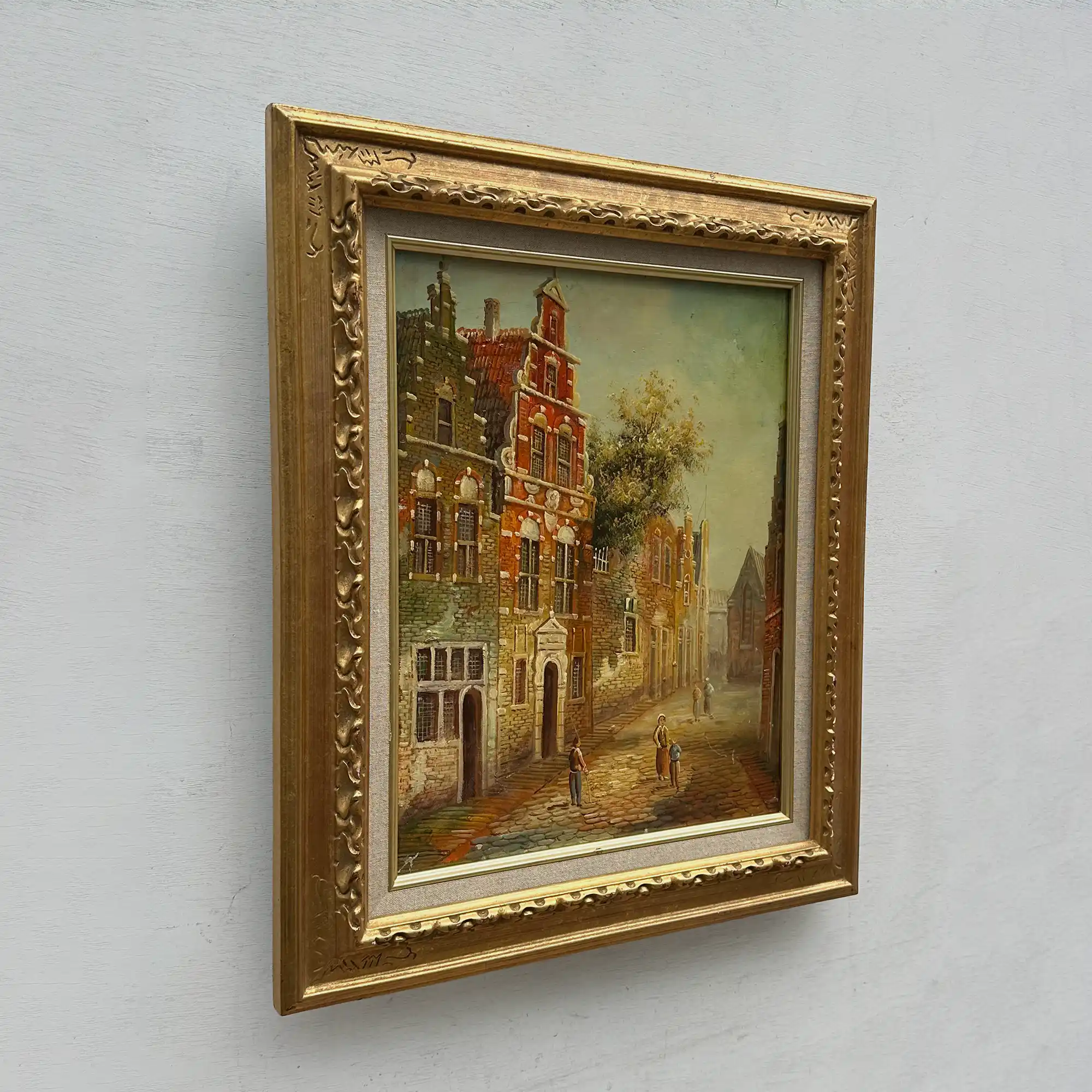 Vintage Dutch Old Town Oil Painting, European Architectural Street Scene in Ornate Gilded Frame - Vintage Oil Painting - Arden Gallery