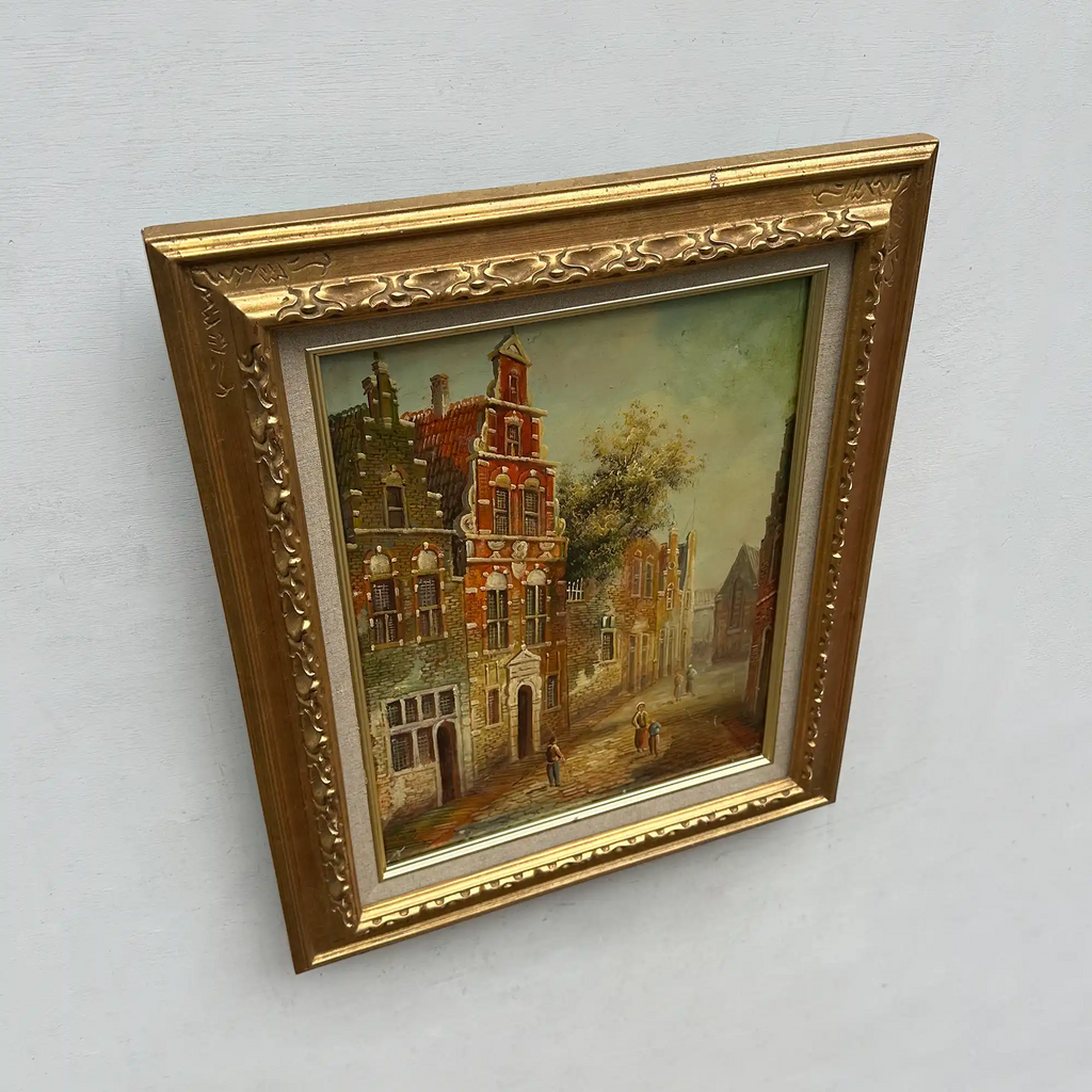 Vintage Dutch Old Town Oil Painting, European Architectural Street Scene in Ornate Gilded Frame - Vintage Oil Painting - Arden Gallery