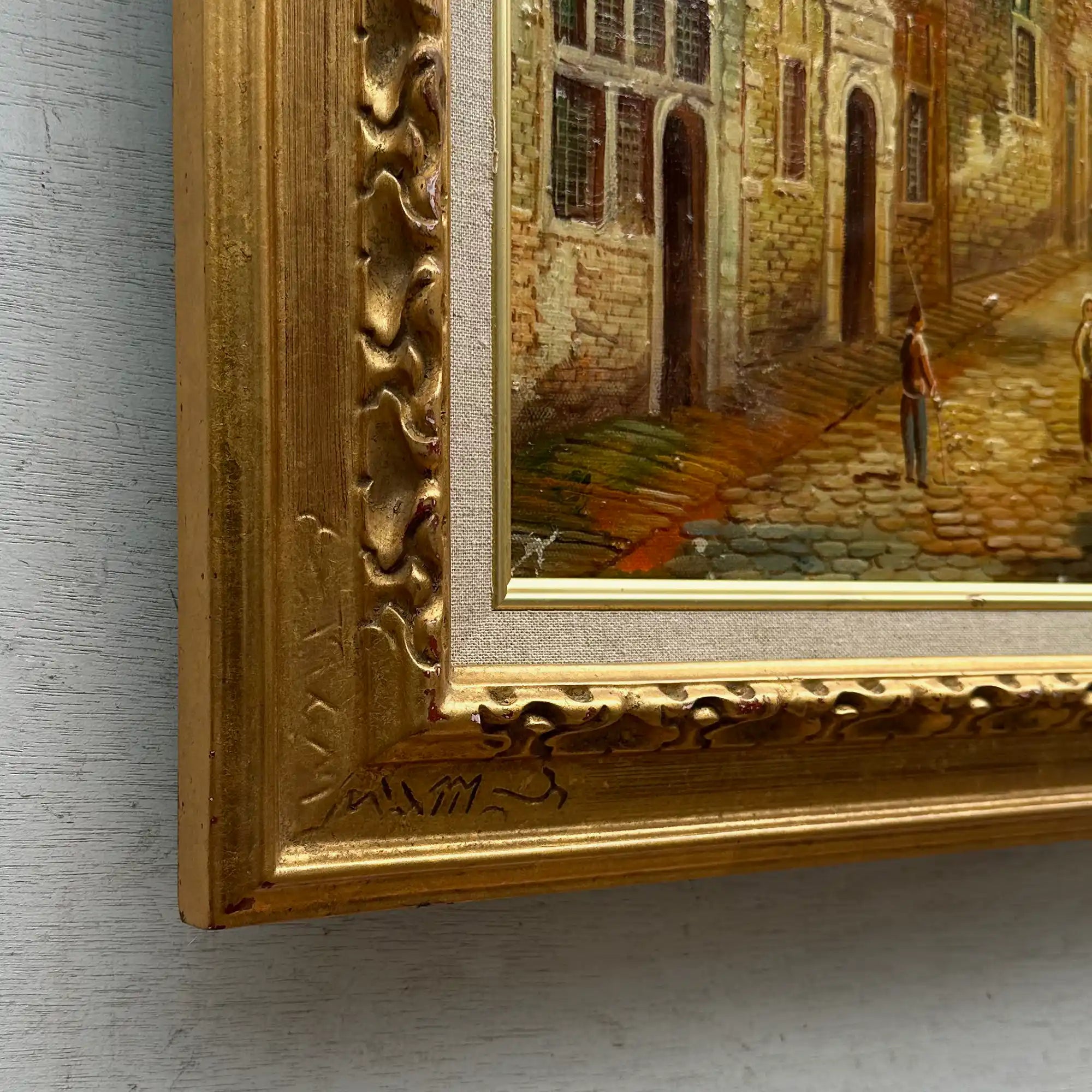 Vintage Dutch Old Town Oil Painting, European Architectural Street Scene in Ornate Gilded Frame - Vintage Oil Painting - Arden Gallery