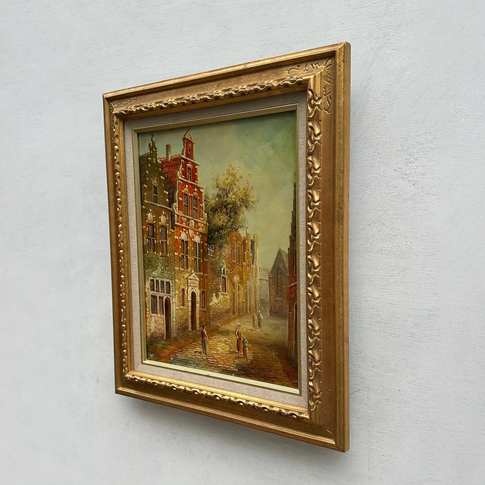 Vintage Dutch Old Town Oil Painting, European Architectural Street Scene in Ornate Gilded Frame - Vintage Oil Painting - Arden Gallery