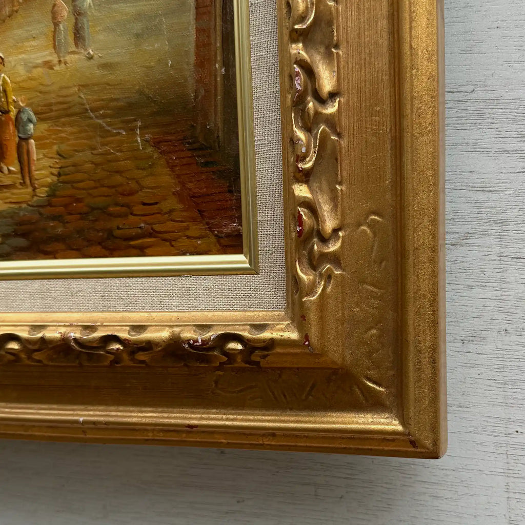Vintage Dutch Old Town Oil Painting, European Architectural Street Scene in Ornate Gilded Frame - Vintage Oil Painting - Arden Gallery