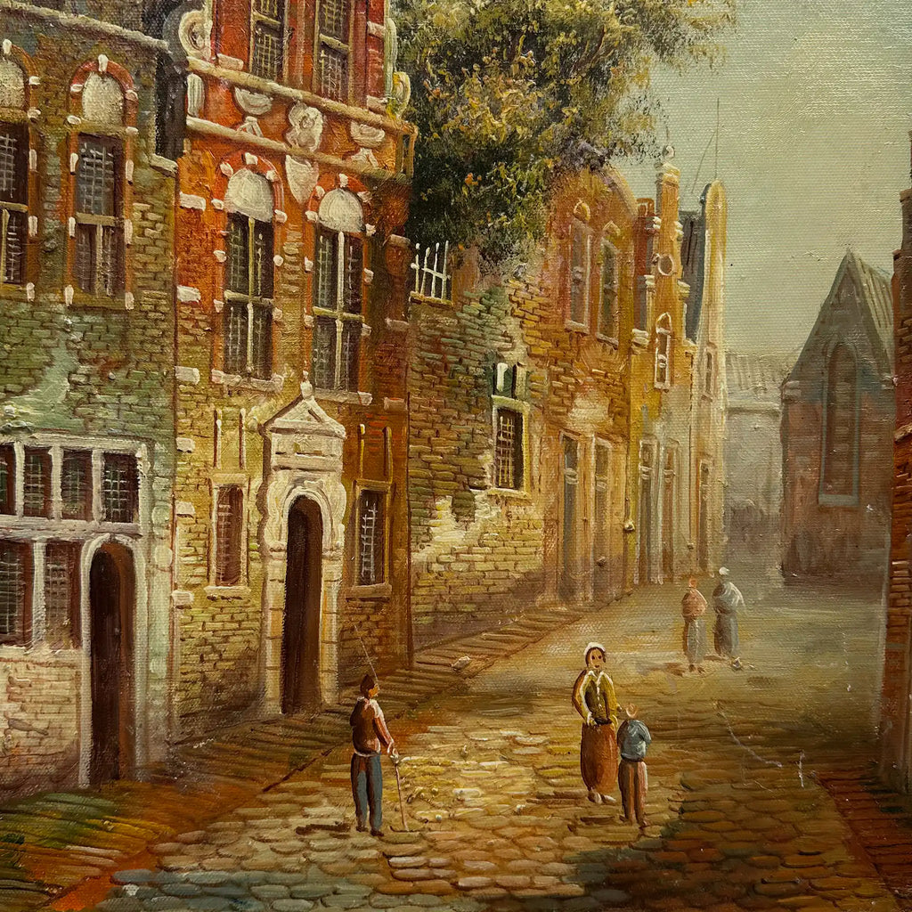Vintage Dutch Old Town Oil Painting, European Architectural Street Scene in Ornate Gilded Frame - Vintage Oil Painting - Arden Gallery