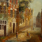 Vintage Dutch Old Town Oil Painting, European Architectural Street Scene in Ornate Gilded Frame - Vintage Oil Painting - Arden Gallery