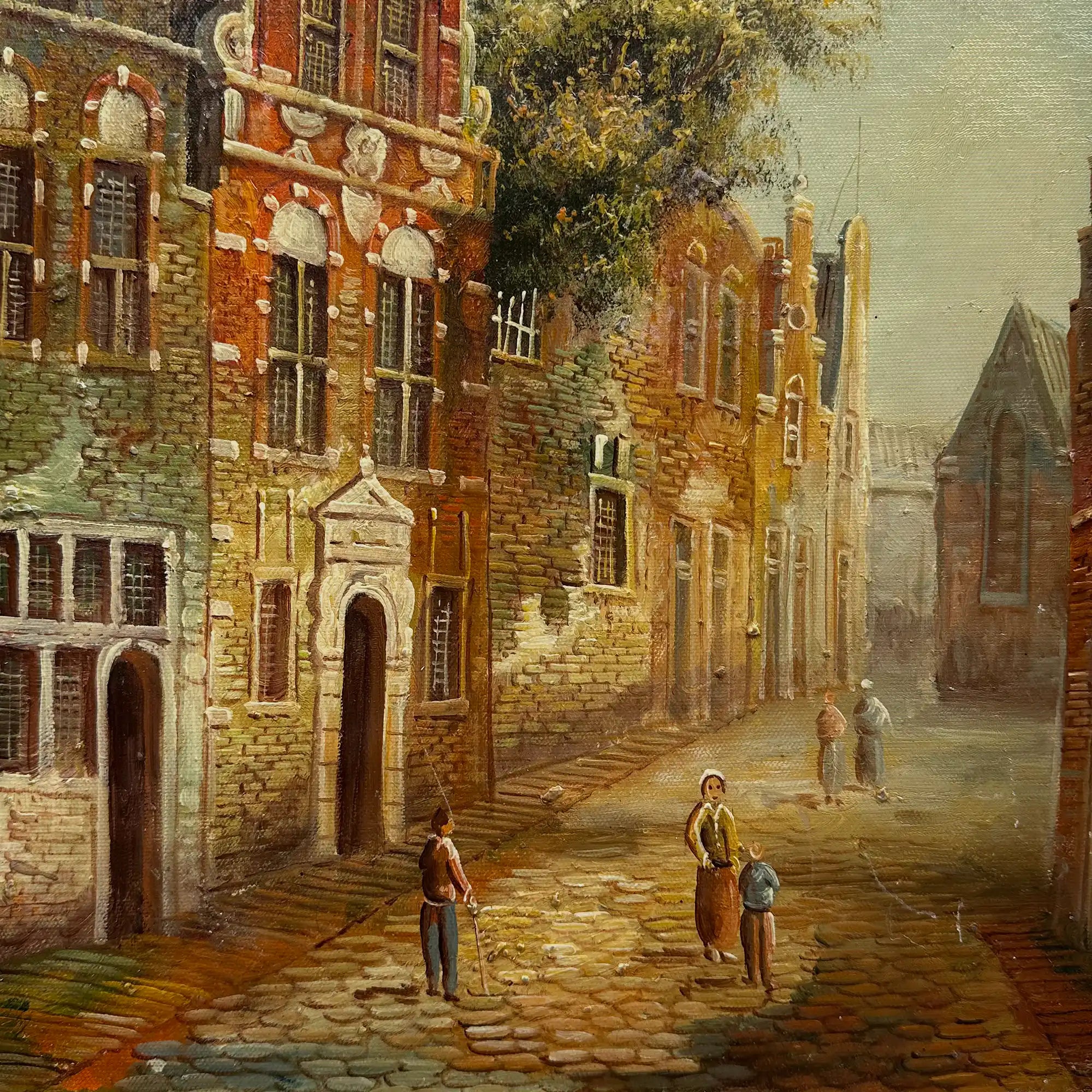 Vintage Dutch Old Town Oil Painting, European Architectural Street Scene in Ornate Gilded Frame - Vintage Oil Painting - Arden Gallery