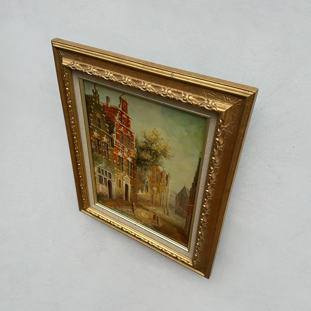 Vintage Dutch Old Town Oil Painting, European Architectural Street Scene in Ornate Gilded Frame - Vintage Oil Painting - Arden Gallery