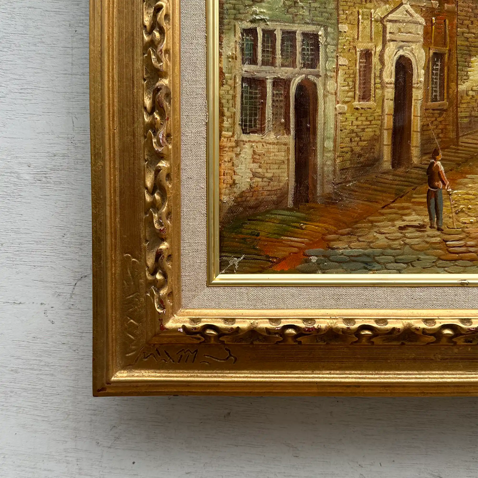 Vintage Dutch Old Town Oil Painting, European Architectural Street Scene in Ornate Gilded Frame - Vintage Oil Painting - Arden Gallery