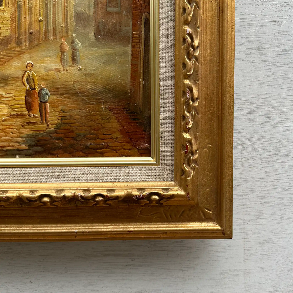Vintage Dutch Old Town Oil Painting, European Architectural Street Scene in Ornate Gilded Frame - Vintage Oil Painting - Arden Gallery