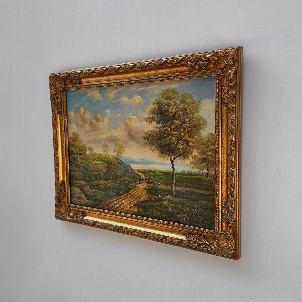 Vintage European Countryside Oil Painting, Rural Landscape with Tree and Country Road - Vintage Oil Painting - Arden Gallery