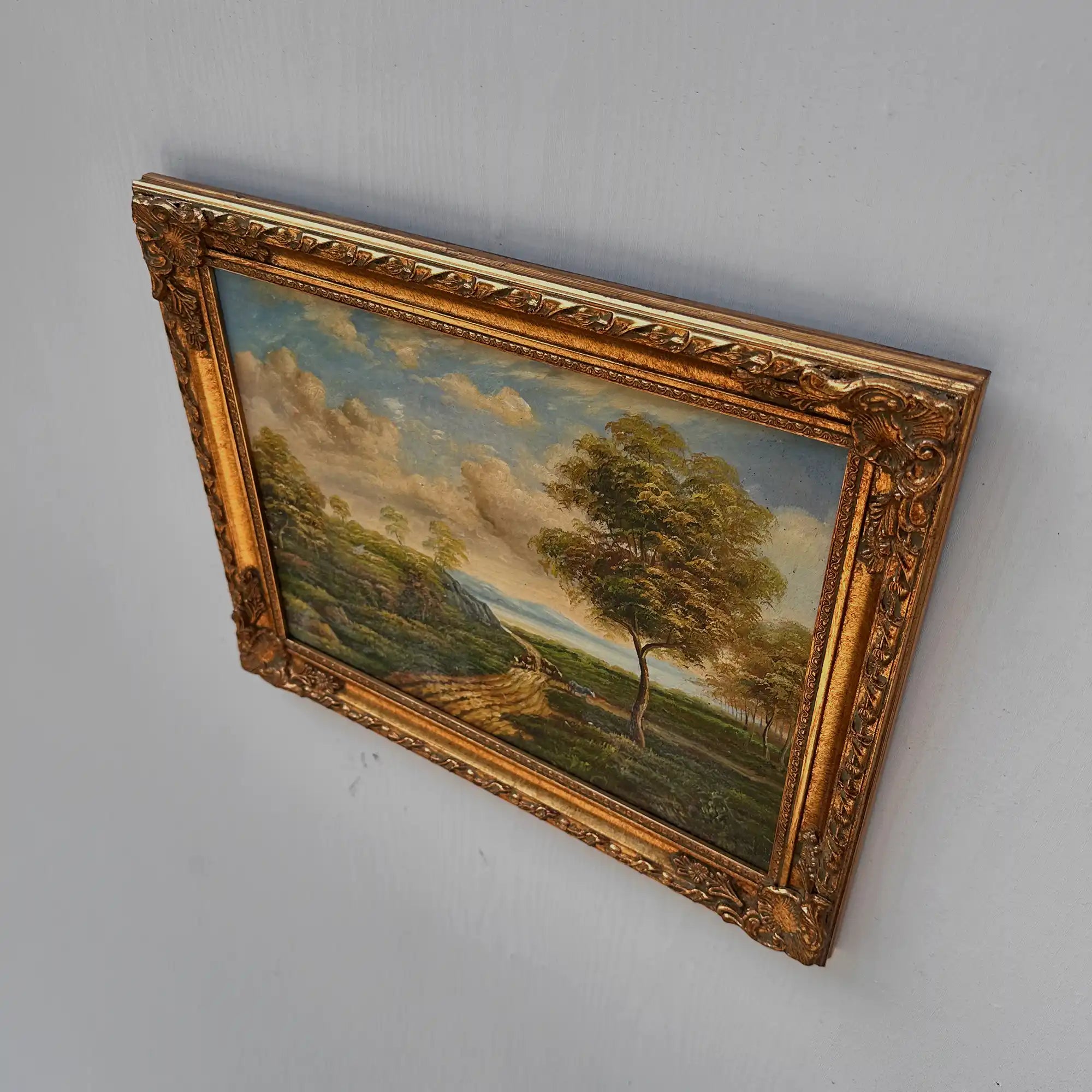 Vintage European Countryside Oil Painting, Rural Landscape with Tree and Country Road - Vintage Oil Painting - Arden Gallery