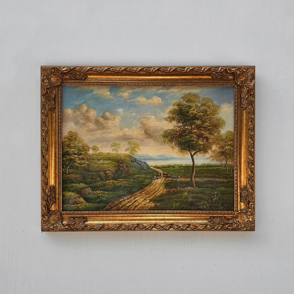 Vintage European Countryside Oil Painting, Rural Landscape with Tree and Country Road - Vintage Oil Painting - Arden Gallery