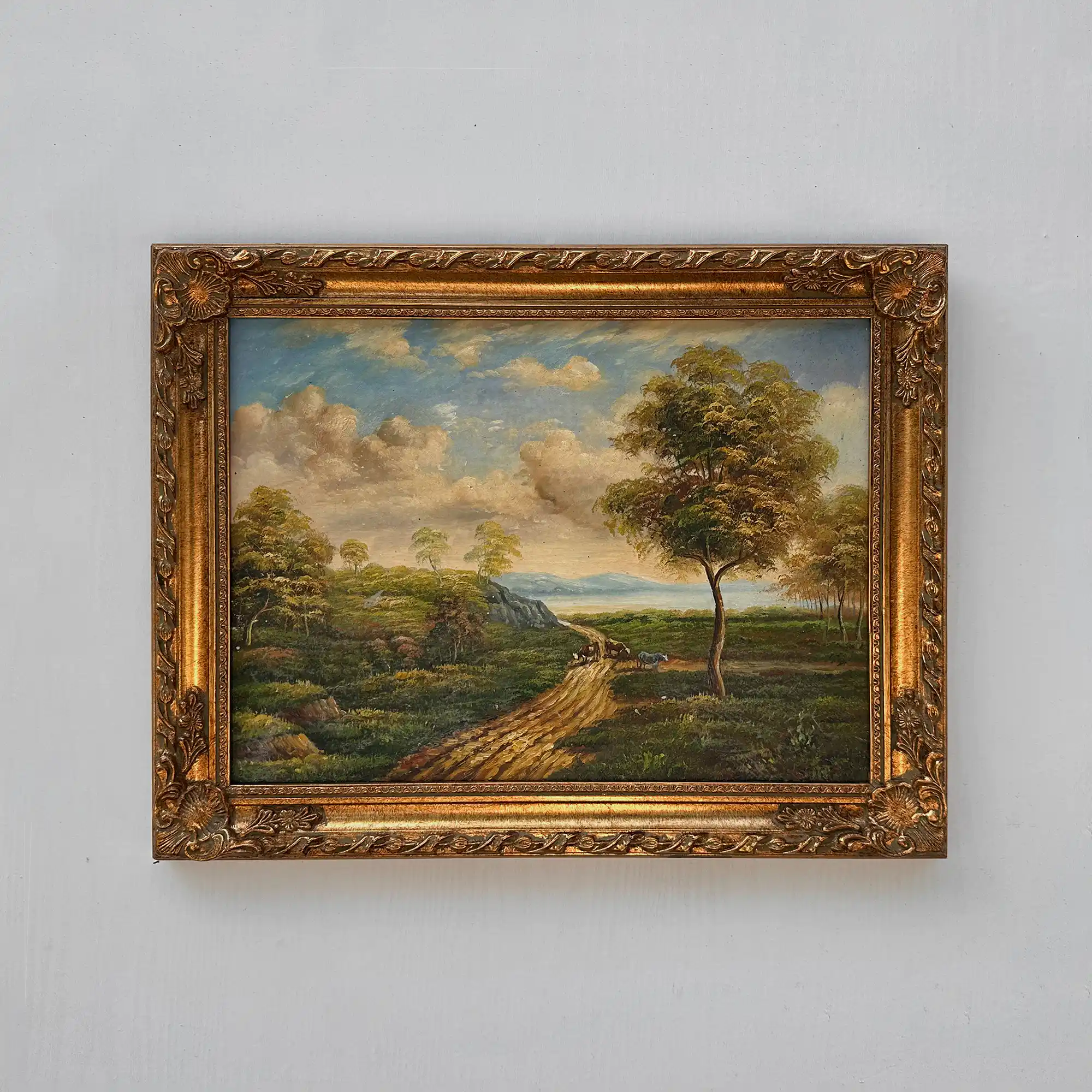 Vintage European Countryside Oil Painting, Rural Landscape with Tree and Country Road - Vintage Oil Painting - Arden Gallery