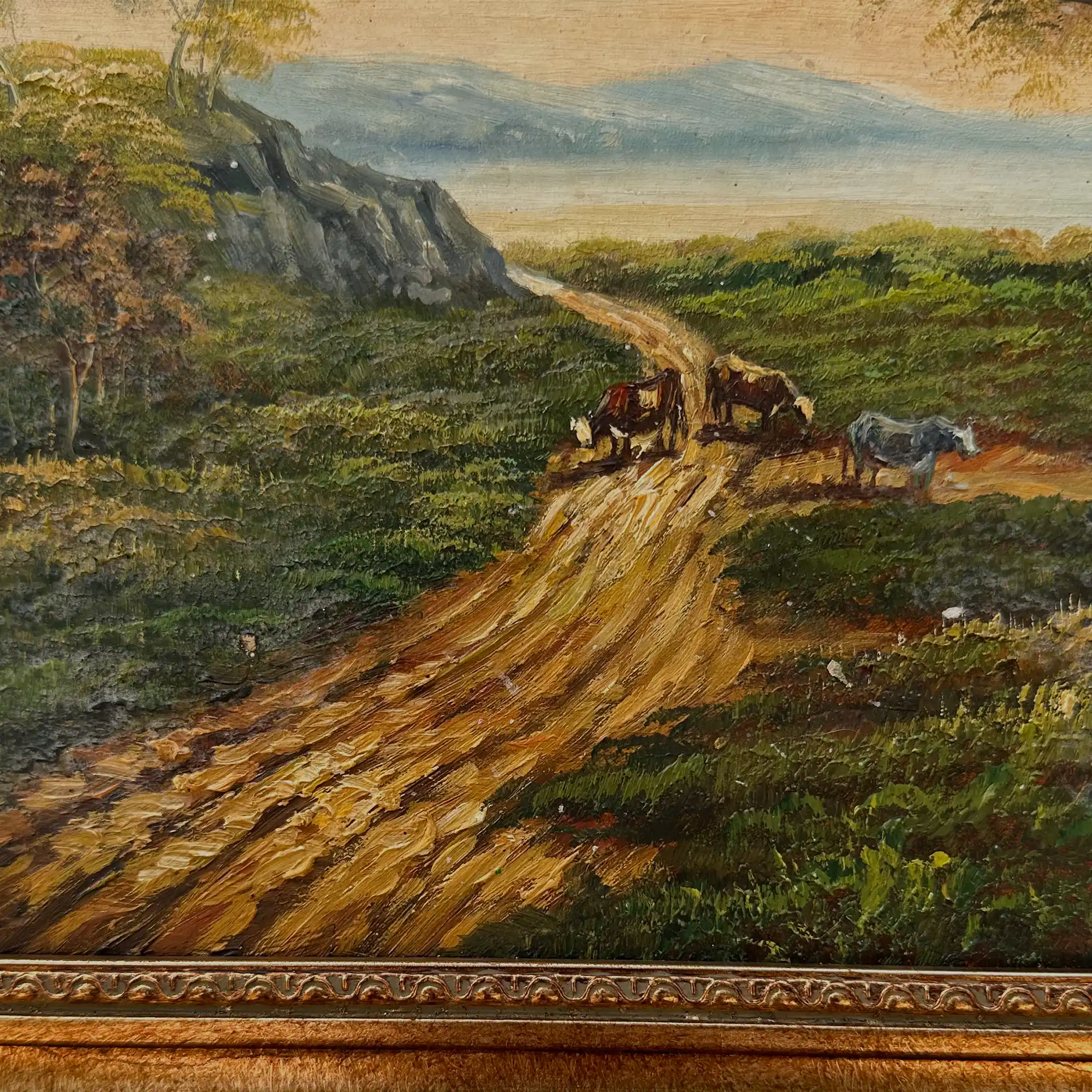Vintage European Countryside Oil Painting, Rural Landscape with Tree and Country Road - Vintage Oil Painting - Arden Gallery