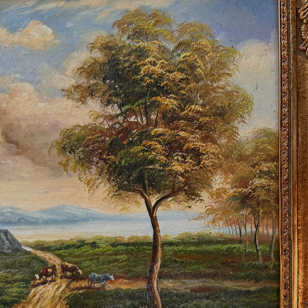 Vintage European Countryside Oil Painting, Rural Landscape with Tree and Country Road - Vintage Oil Painting - Arden Gallery