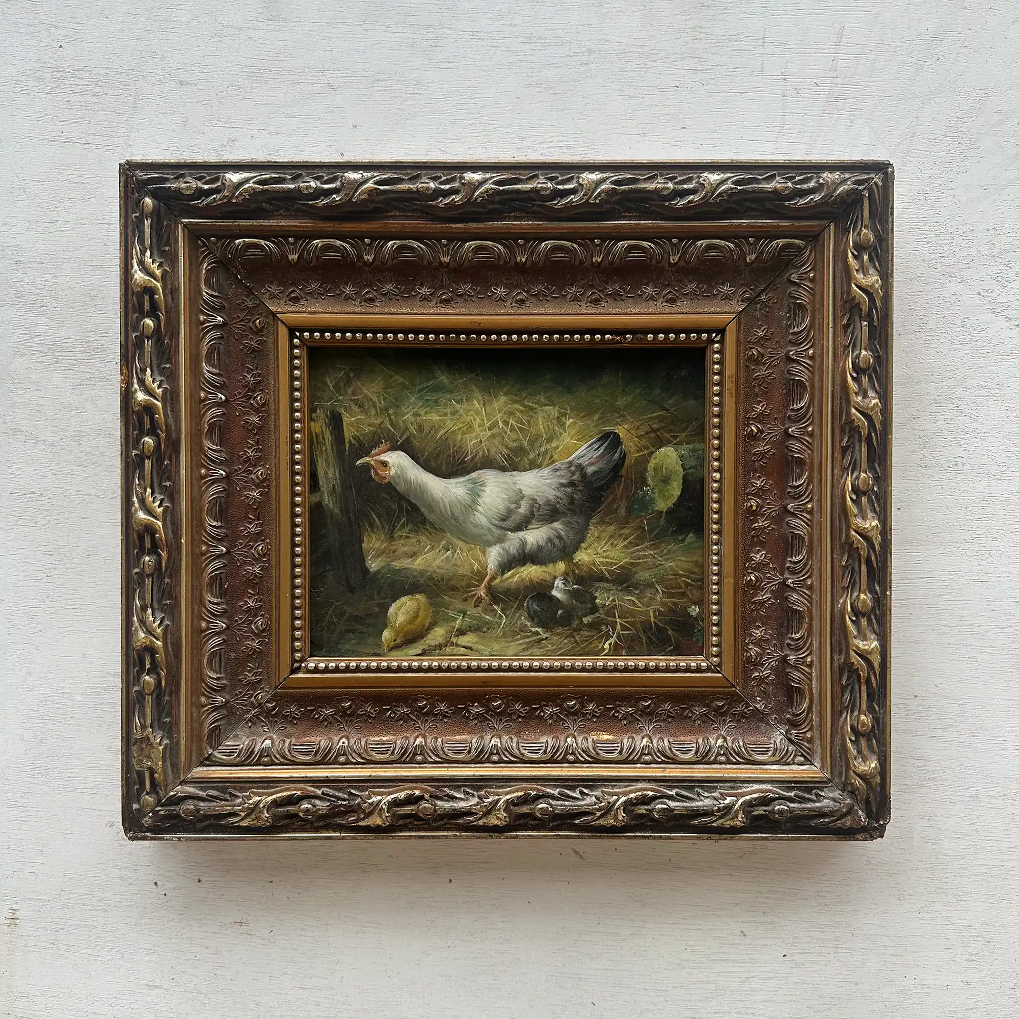 Vintage European Farmyard Oil Painting, Original Chicken Artwork for Classic Interiors(Approx. 17.7 × 15.7 inches) - Vintage Oil Painting - Arden Gallery