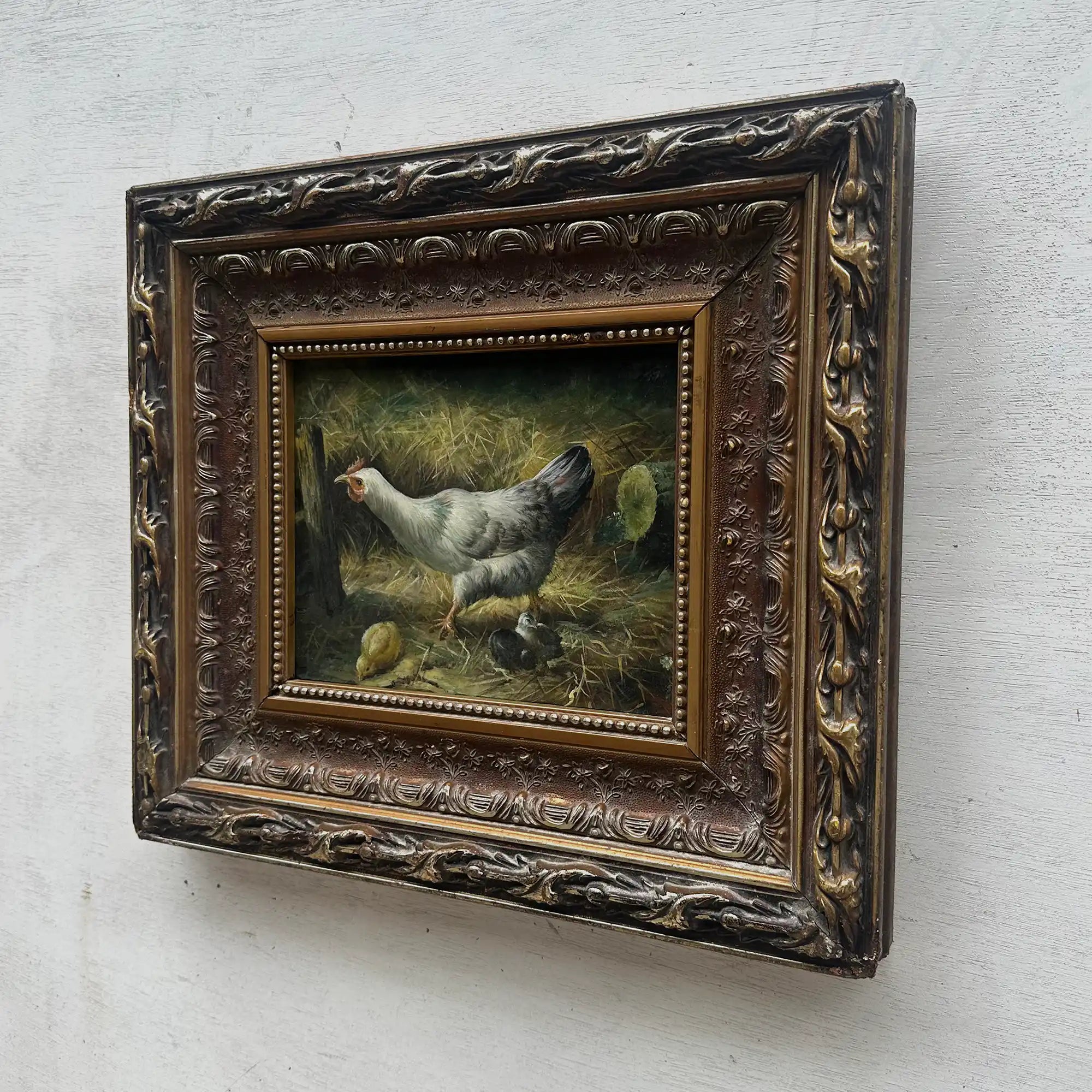 Vintage European Farmyard Oil Painting, Original Chicken Artwork for Classic Interiors(Approx. 17.7 × 15.7 inches) - Vintage Oil Painting - Arden Gallery