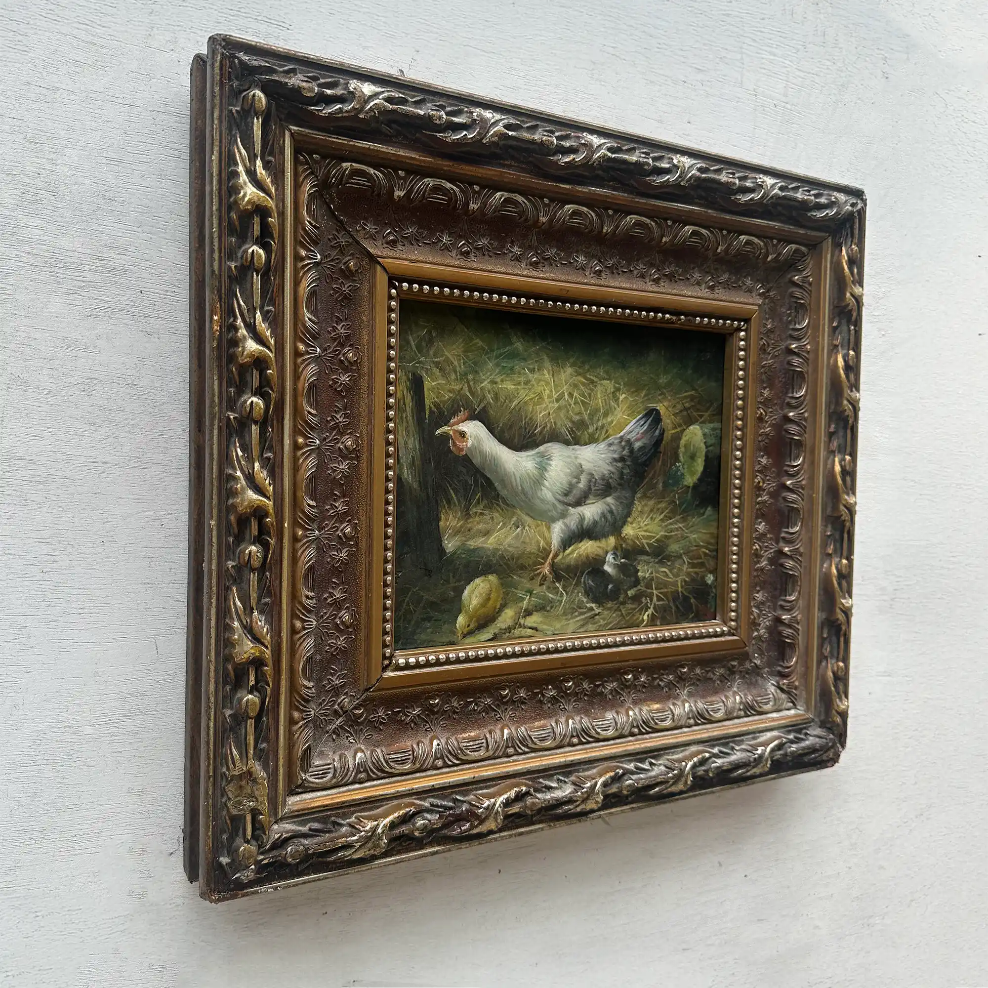 Vintage European Farmyard Oil Painting, Original Chicken Artwork for Classic Interiors(Approx. 17.7 × 15.7 inches) - Vintage Oil Painting - Arden Gallery