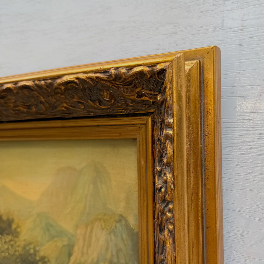 Vintage European Landscape Oil Painting, Mountain Valley Scenery Artwork with Gold Frame 31 × 36 cm - Vintage Oil Painting - Arden Gallery